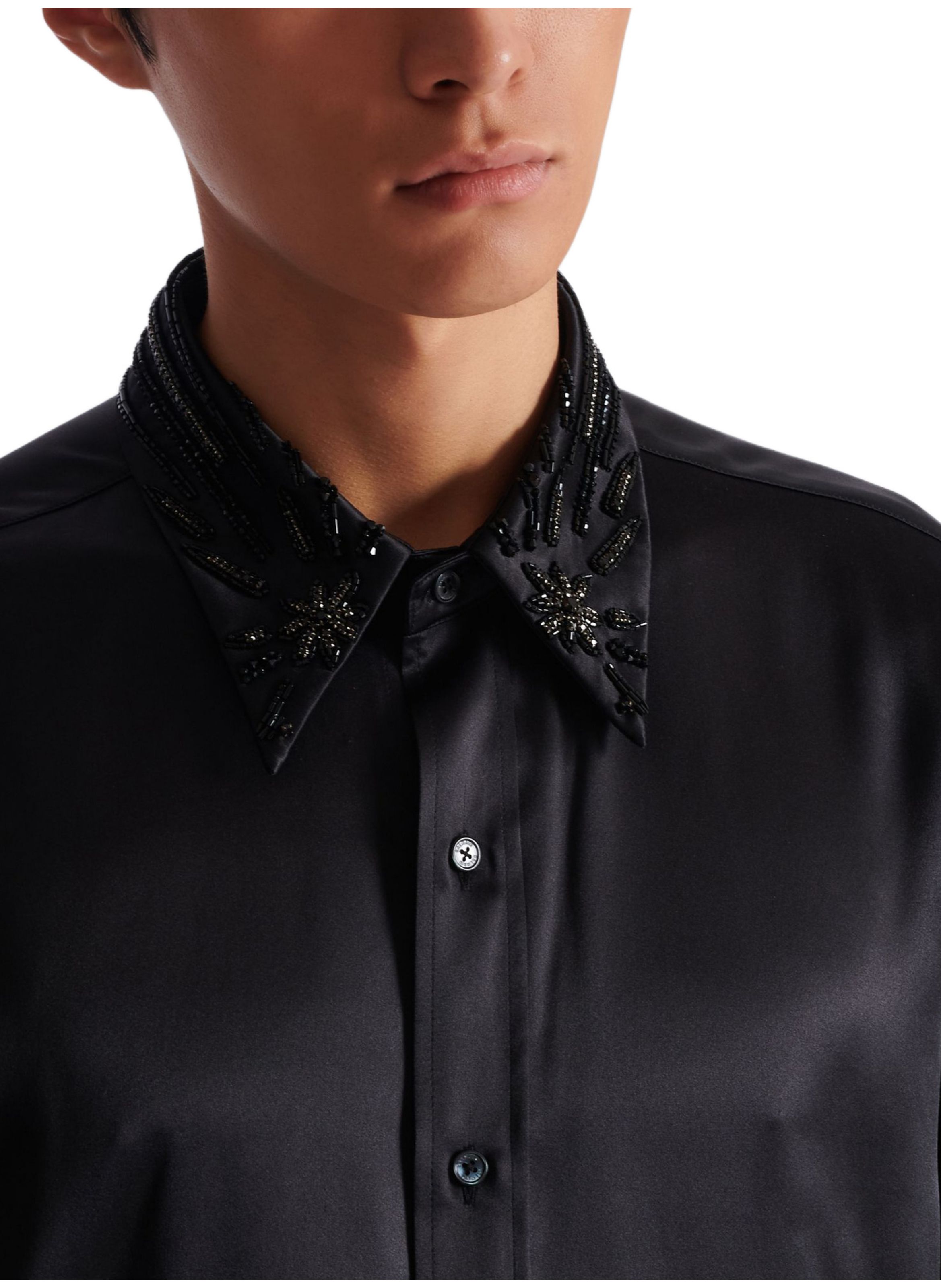 Chemise en soie à cristaux BALMAIN Noir