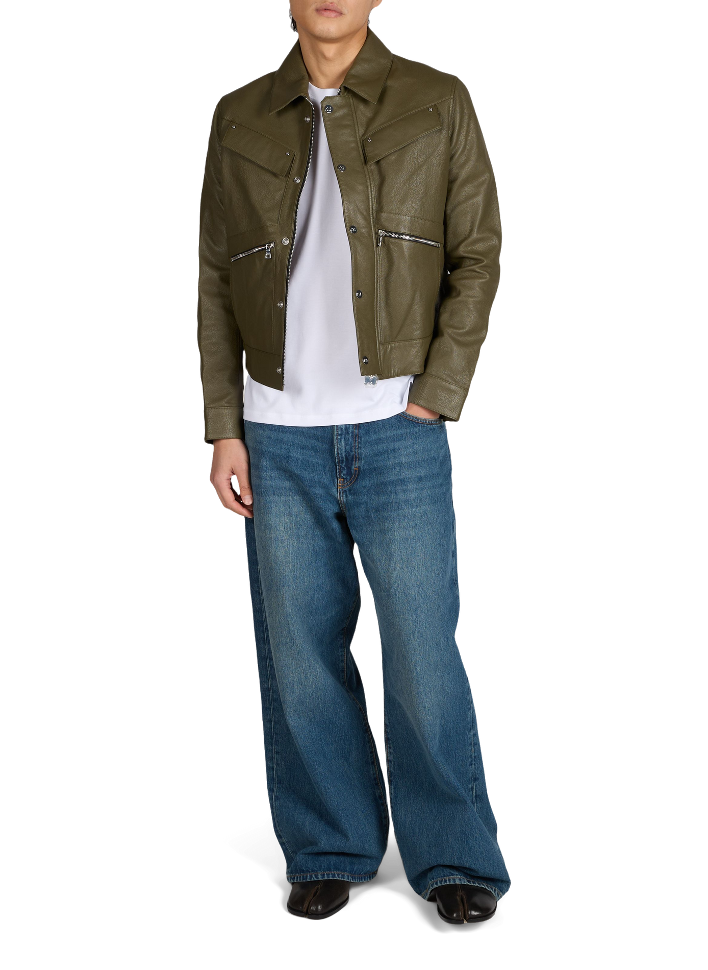 Jacket with classic collar in grained leather MOUTY Khaki