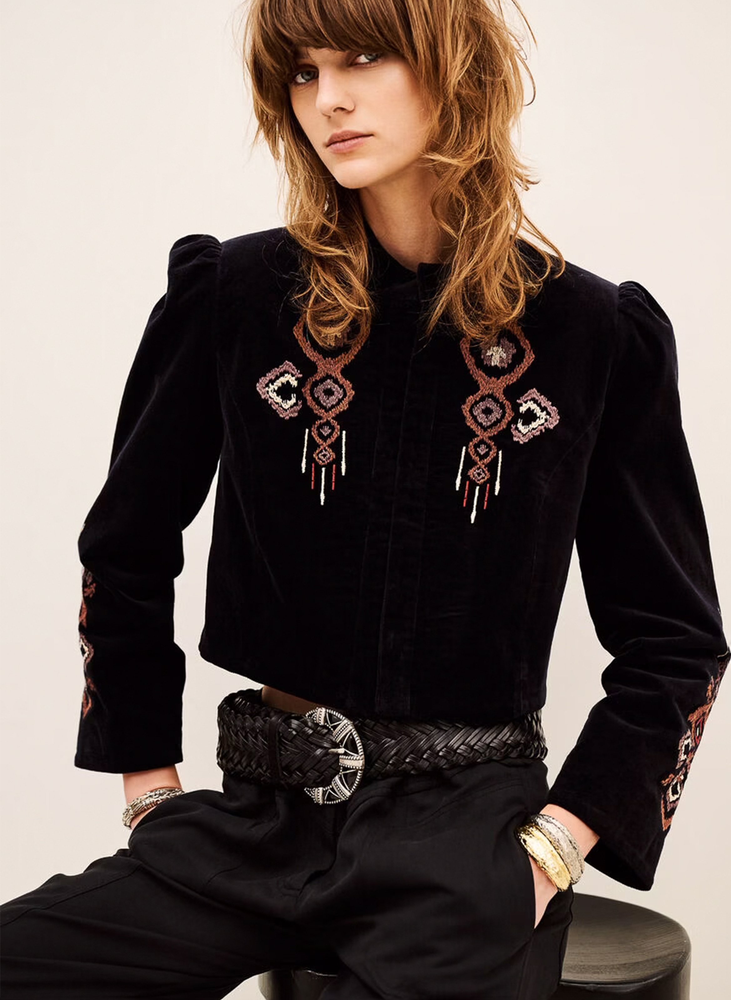 Veste courte col officier brodée en coton mélangé baya BA&SH Zwart