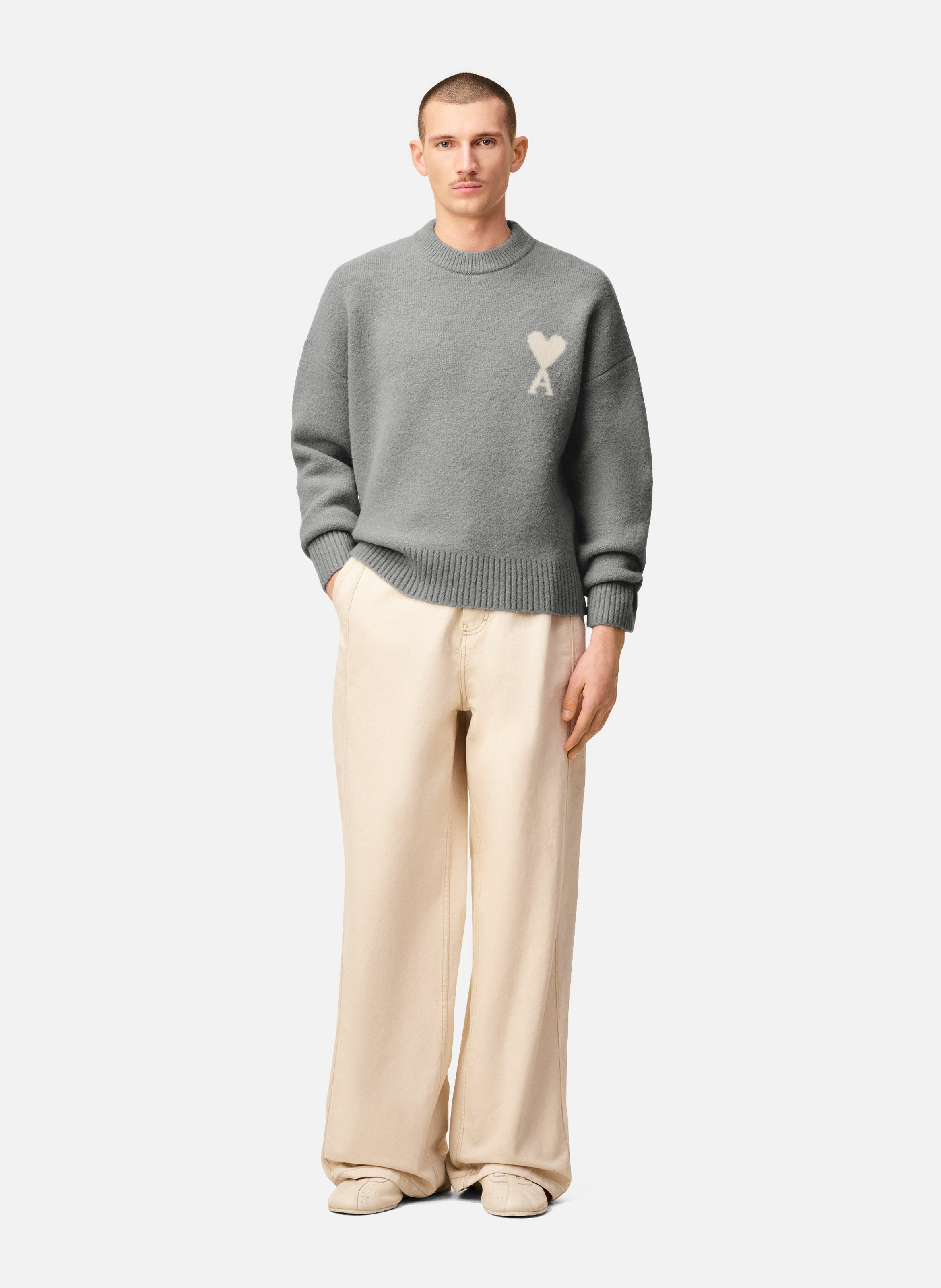 Pull col rond ami de coeur en alpaga unisexe AMI PARIS Gris