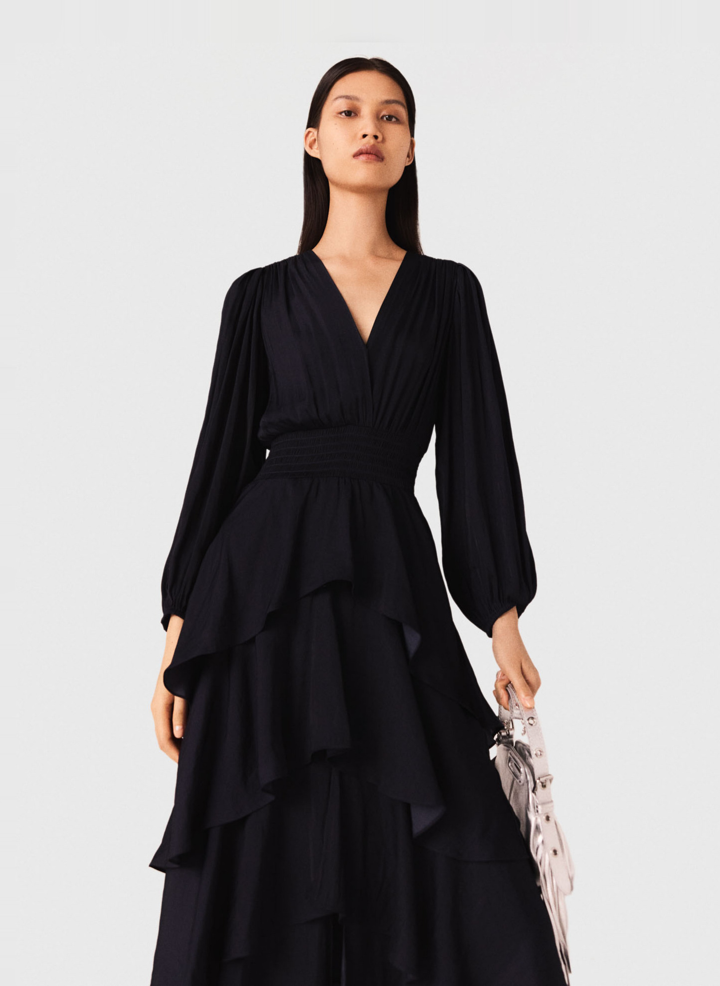 Robe longue col v à volants MAJE Bleu