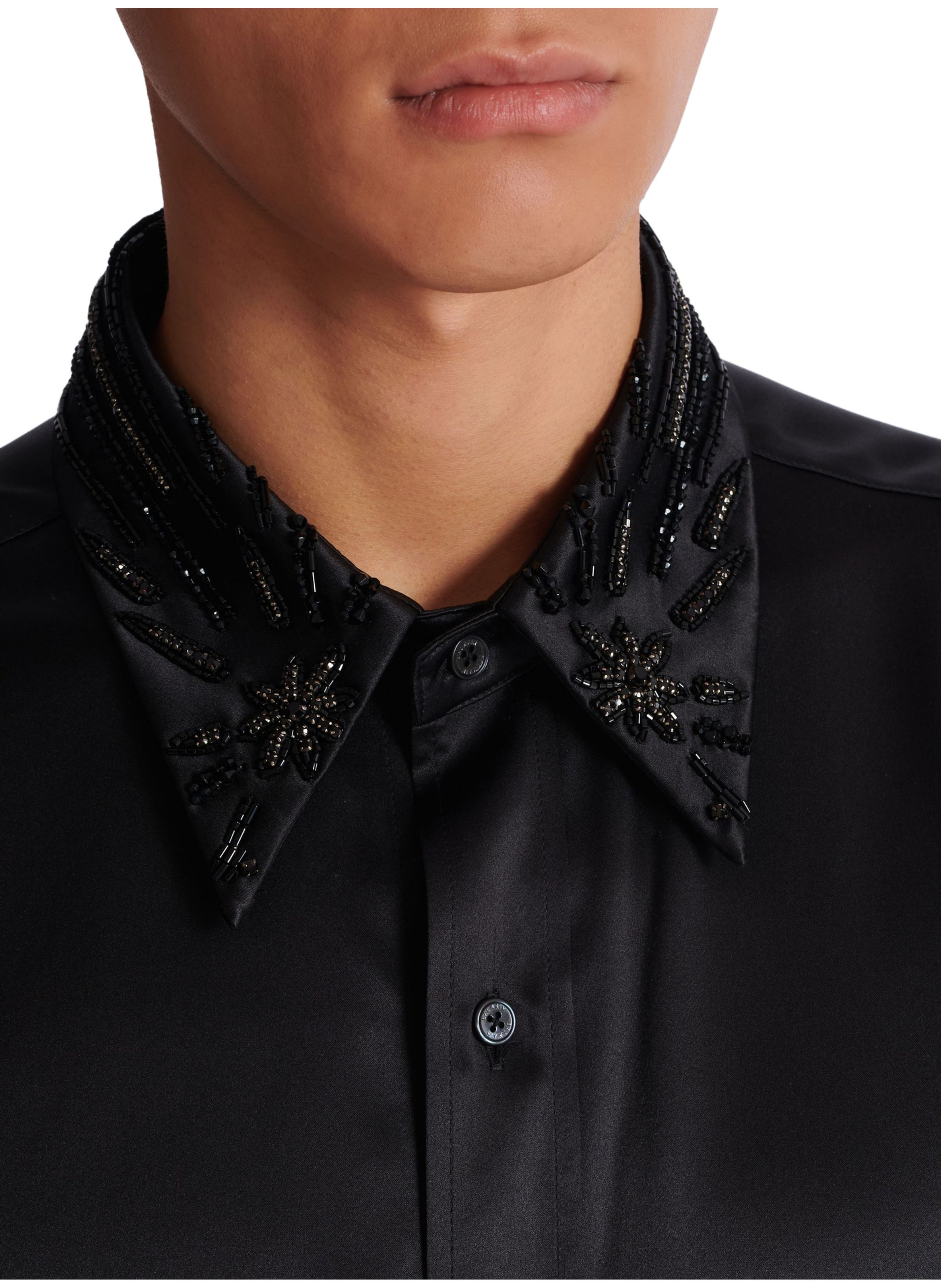 Chemise en soie à cristaux BALMAIN Noir