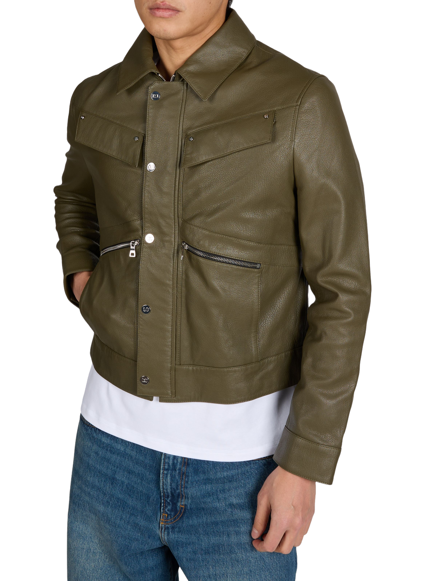 Jacket with classic collar in grained leather MOUTY Khaki