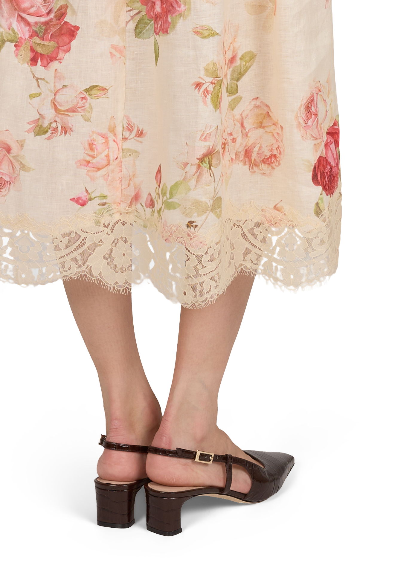 Midi linen dress with floral print and lace hem ZIMMERMANN Pink