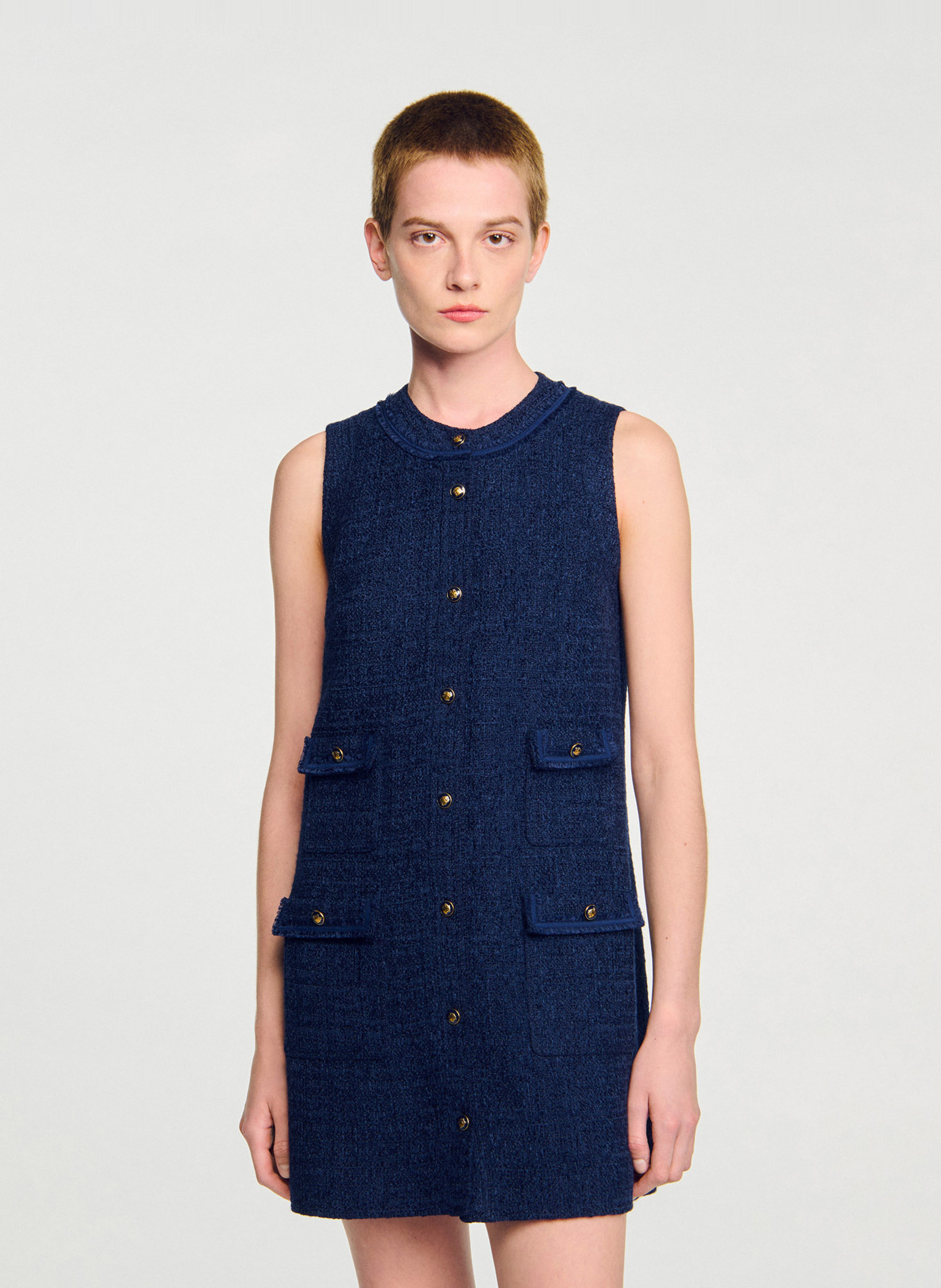 Robe courte trapèze en tweed SANDRO Bleu