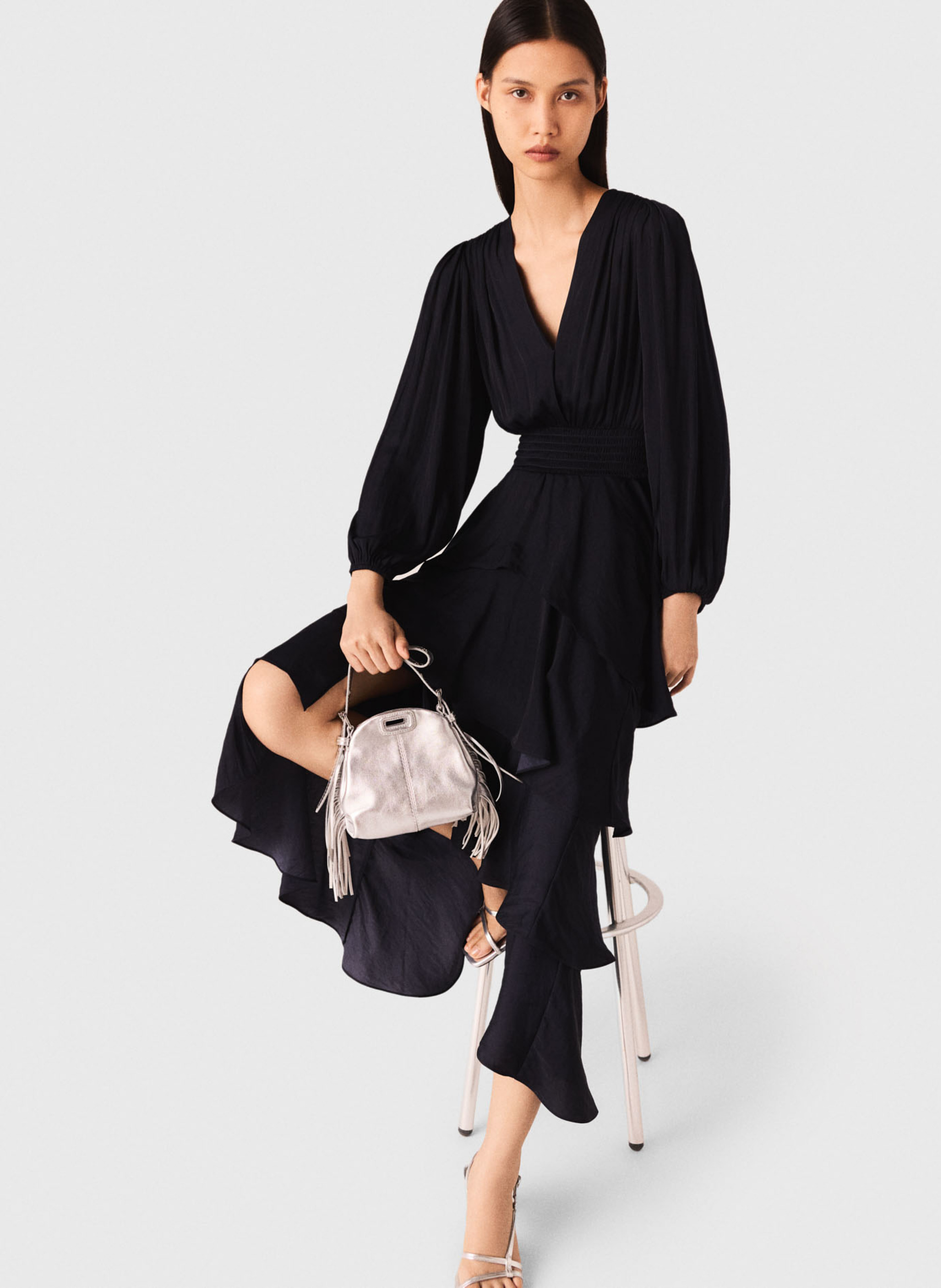 Robe longue col v à volants MAJE Bleu