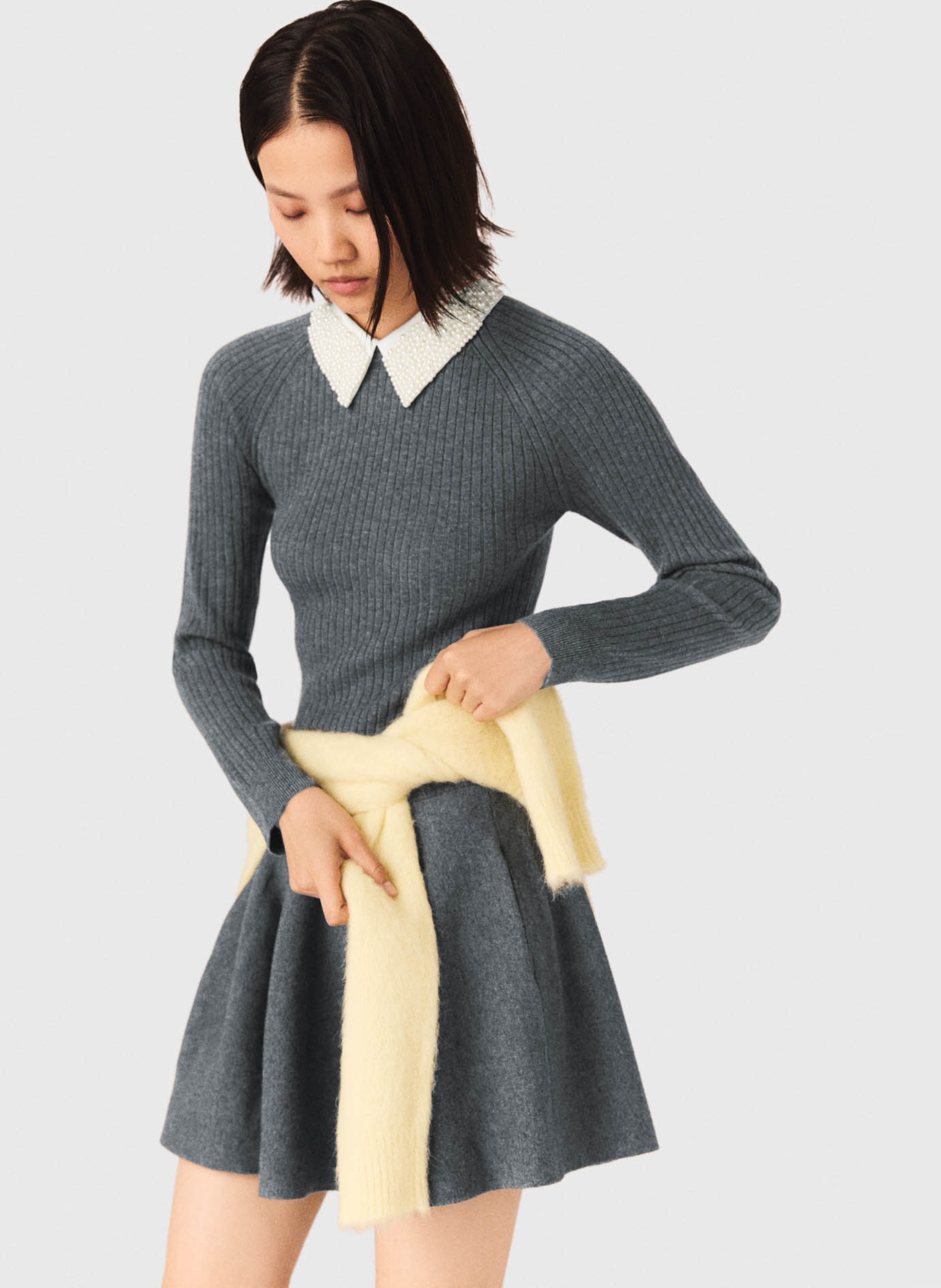 Robe courte col classique en maille côtelée MAJE Gris