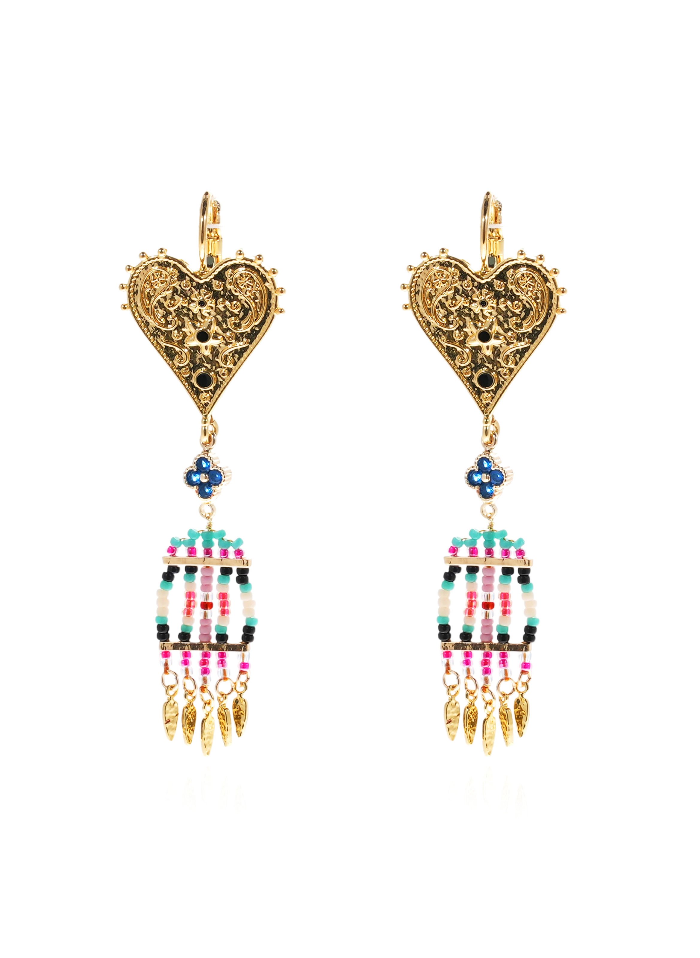 Boucles d'oreilles dormeuses pendantes avec cœurs martelés et perles vittora HIPANEMA Bleu