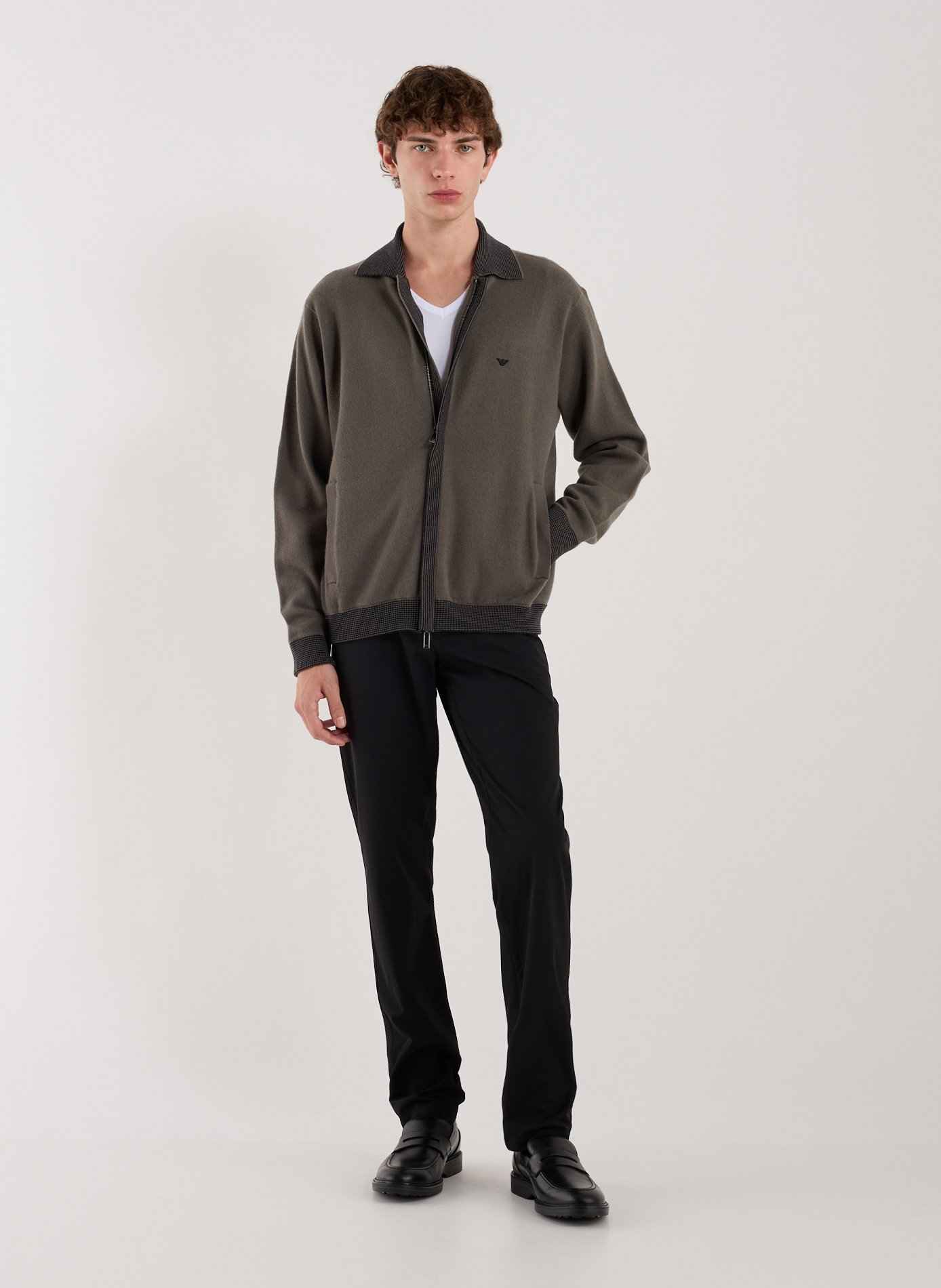 Zip-up sweater in virgin wool with embroidery EMPORIO ARMANI Grey