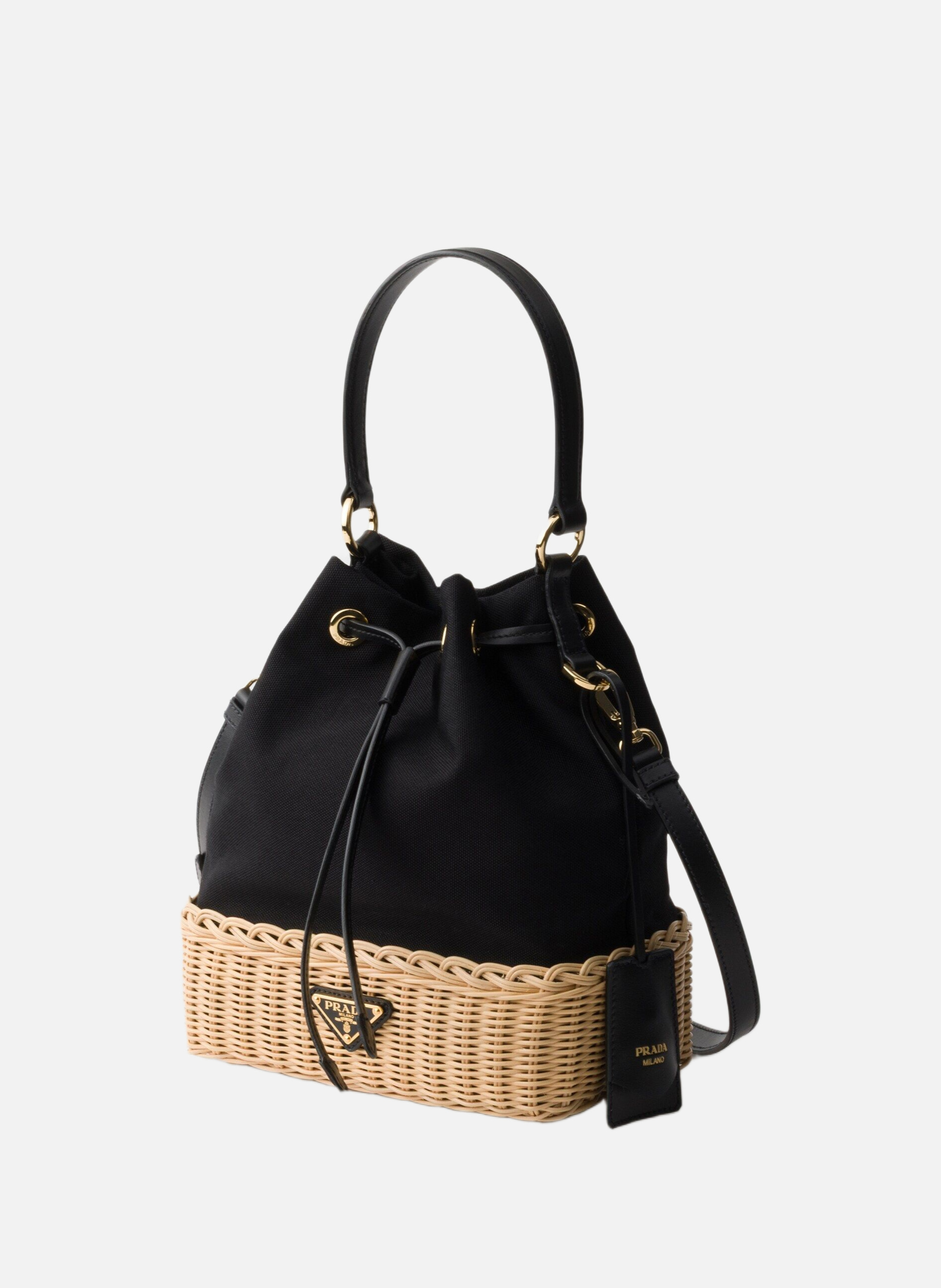 Sac seau en toile et osier PRADA Beige