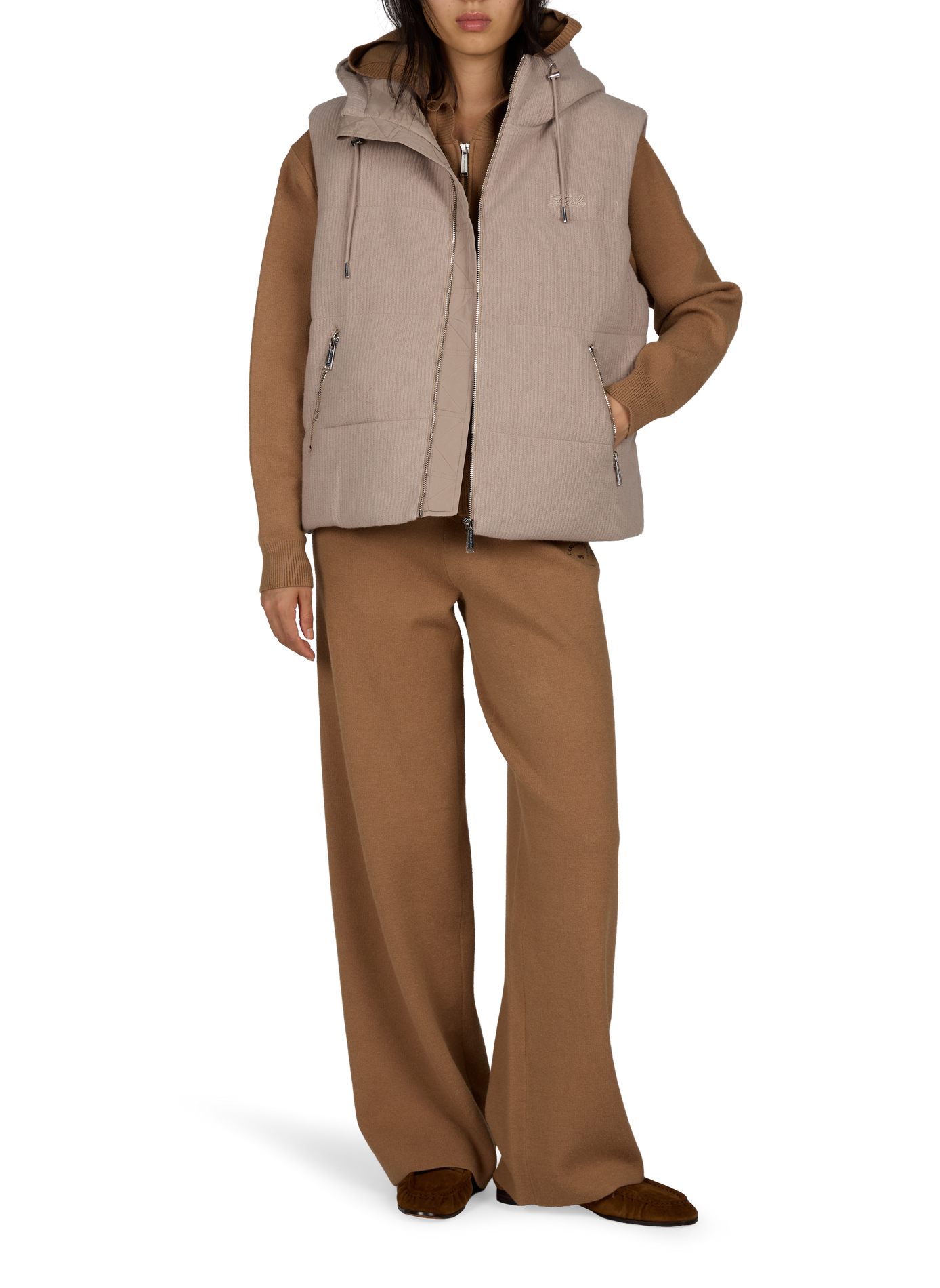 Quilted Sleeveless Hooded Puffer Vest KARL LAGERFELD Beige
