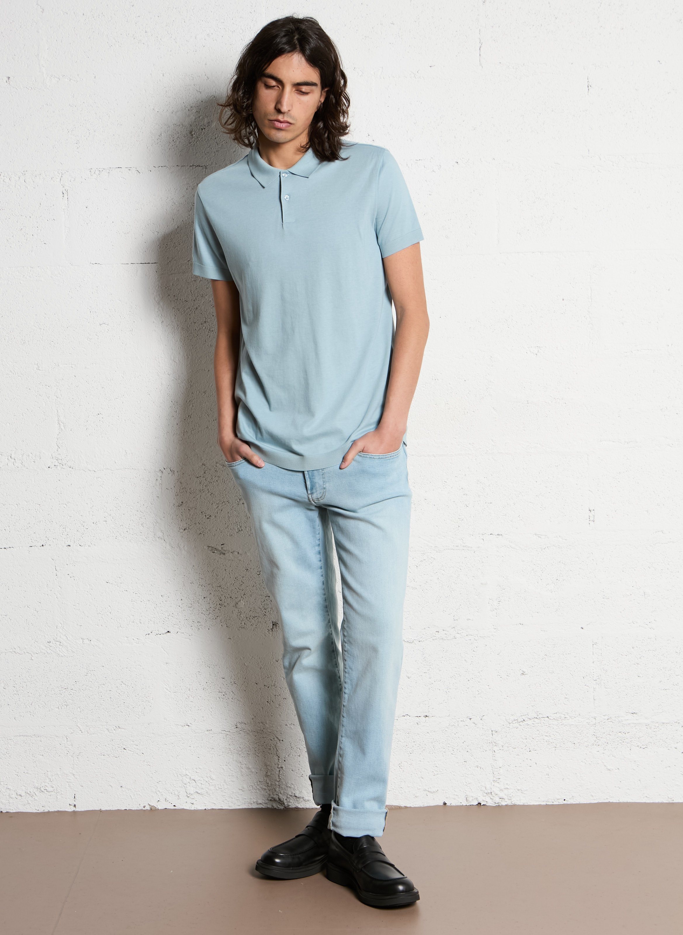 Polo regular-fit en coton mélangé Bleu