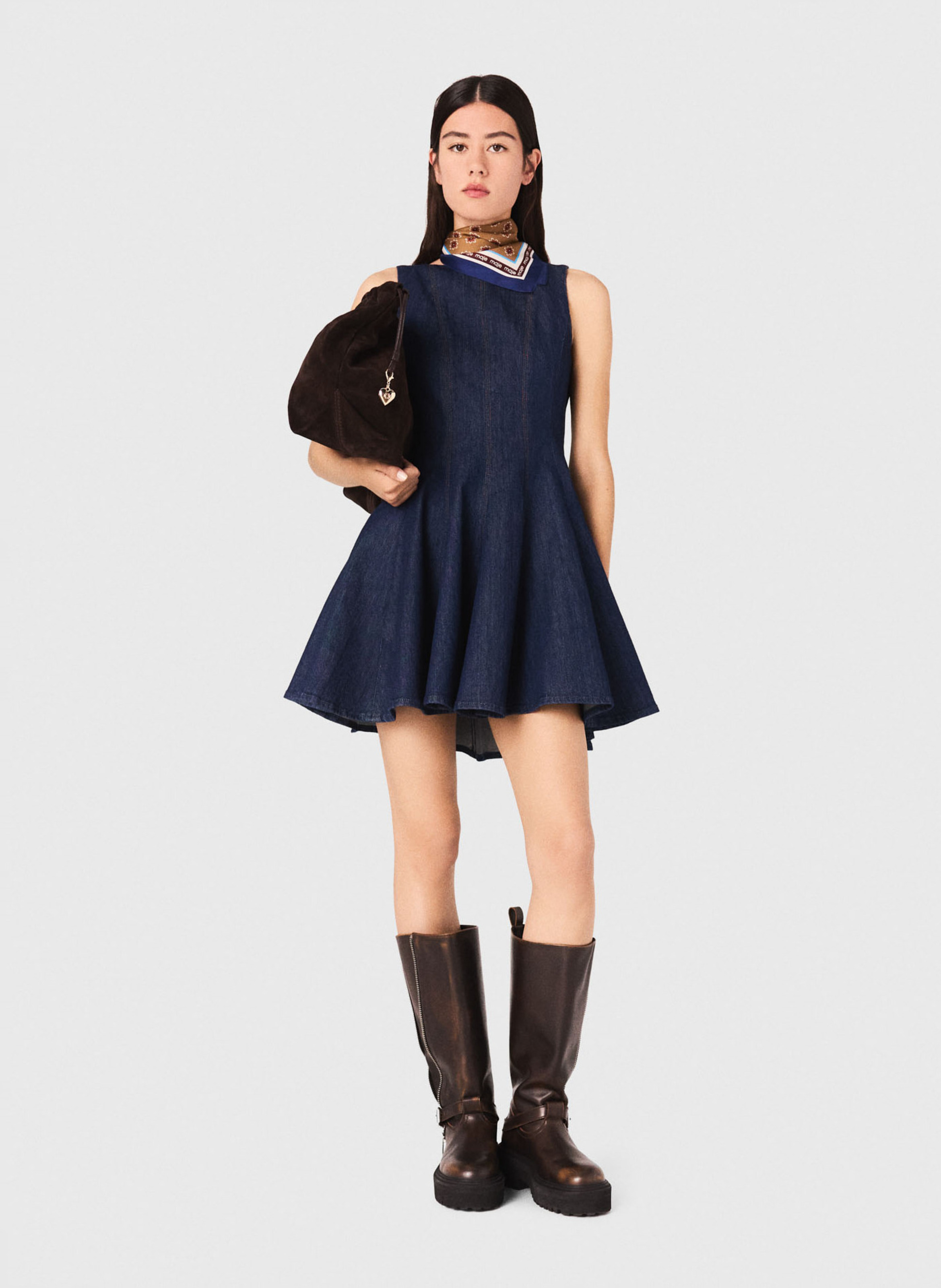 Robe courte col bateau en denim de coton MAJE Bleu