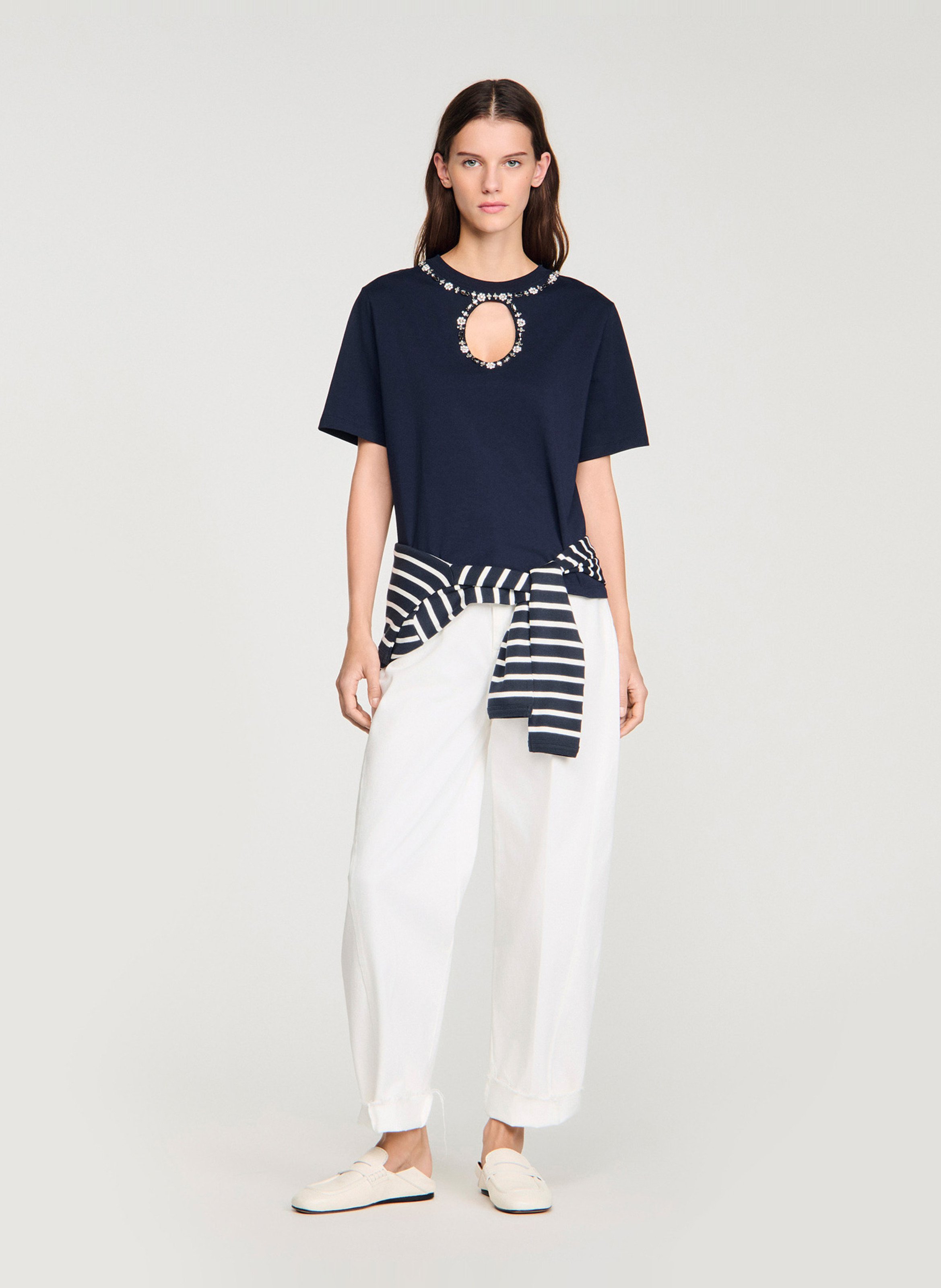 Tee-shirt col rond à strass Bleu