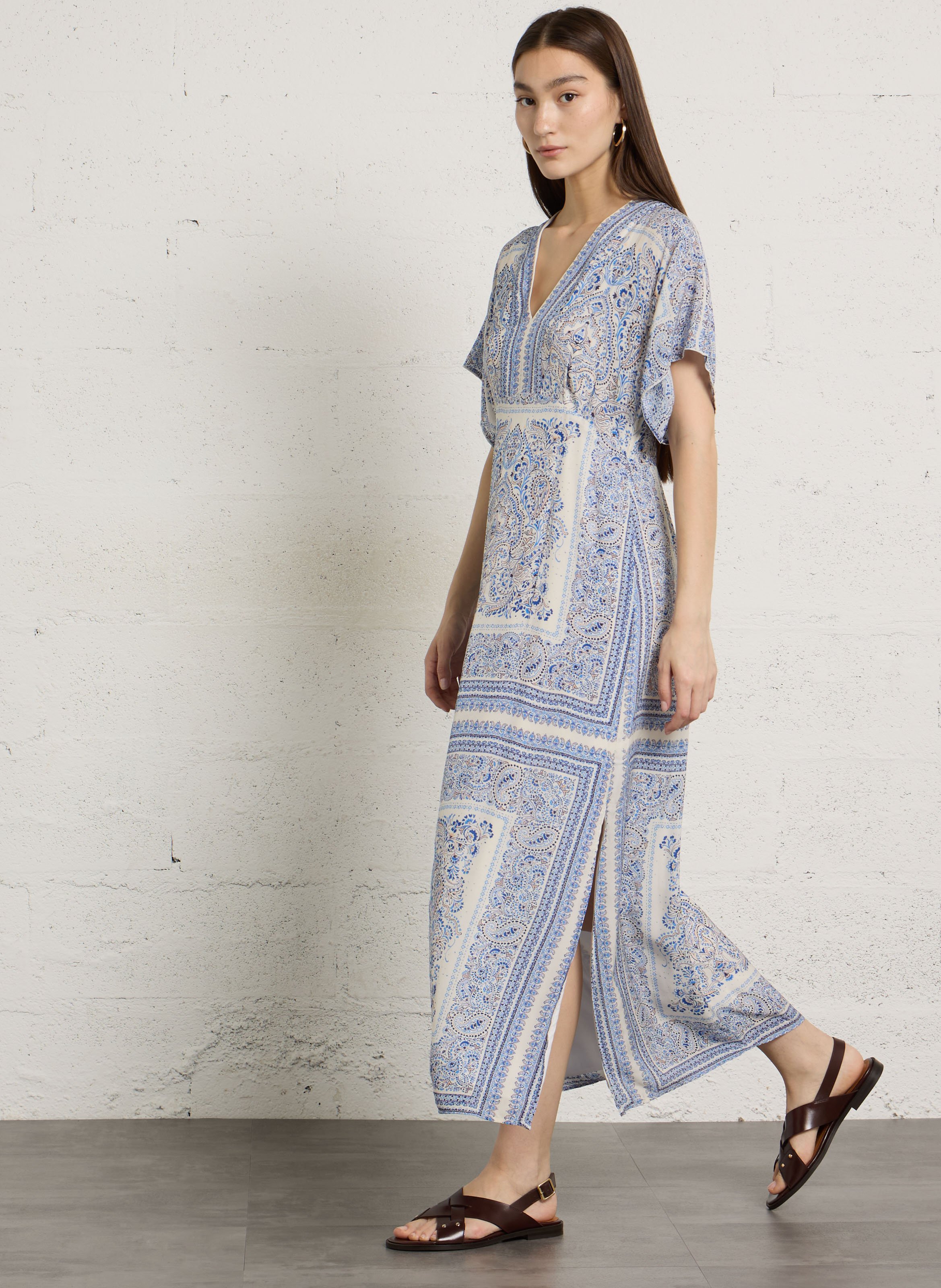 Robe longue col v imprimée benedicte MAISON 123 Bleu