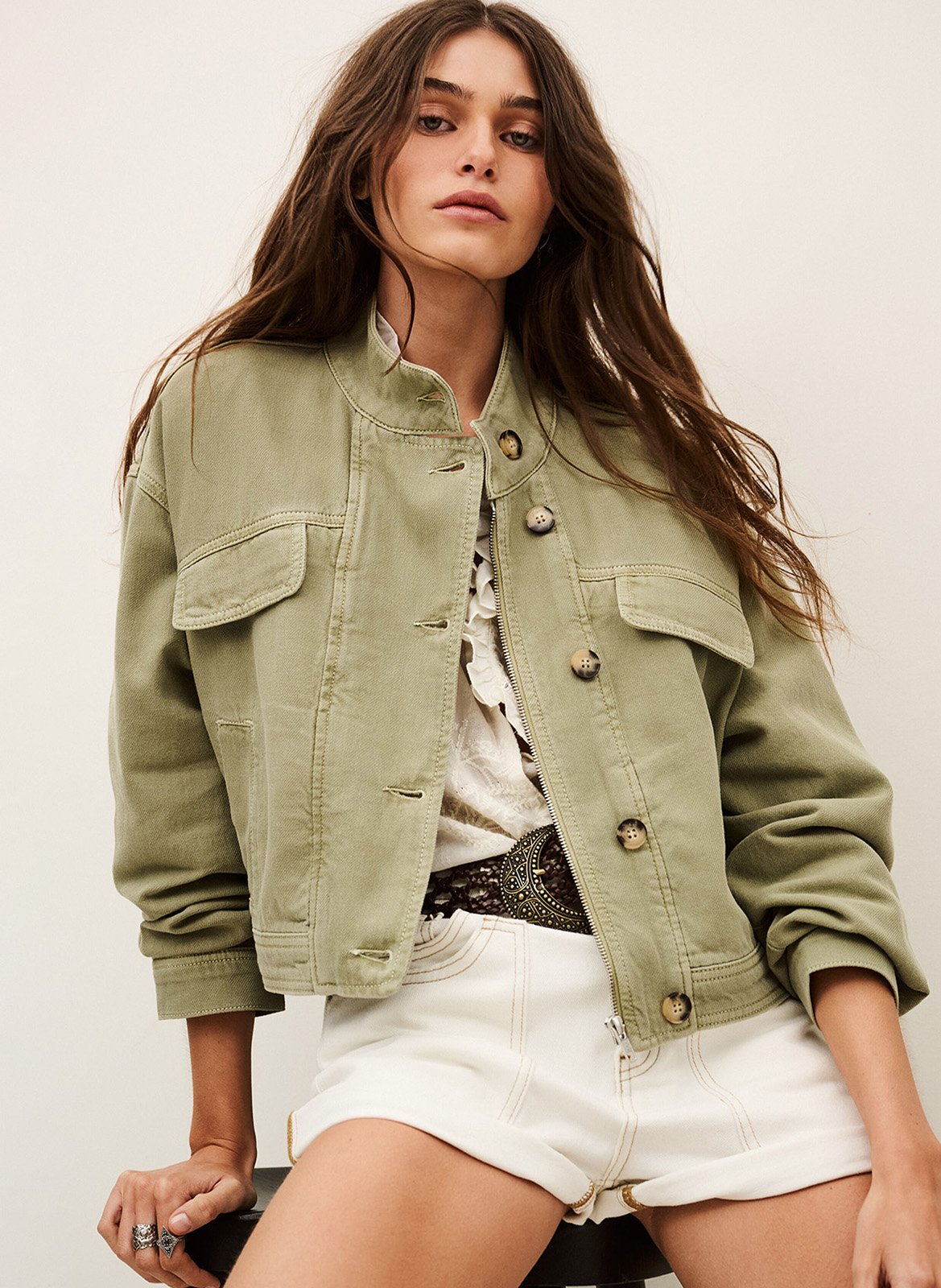 Veste courte ample en denim rallo BA&SH Vert
