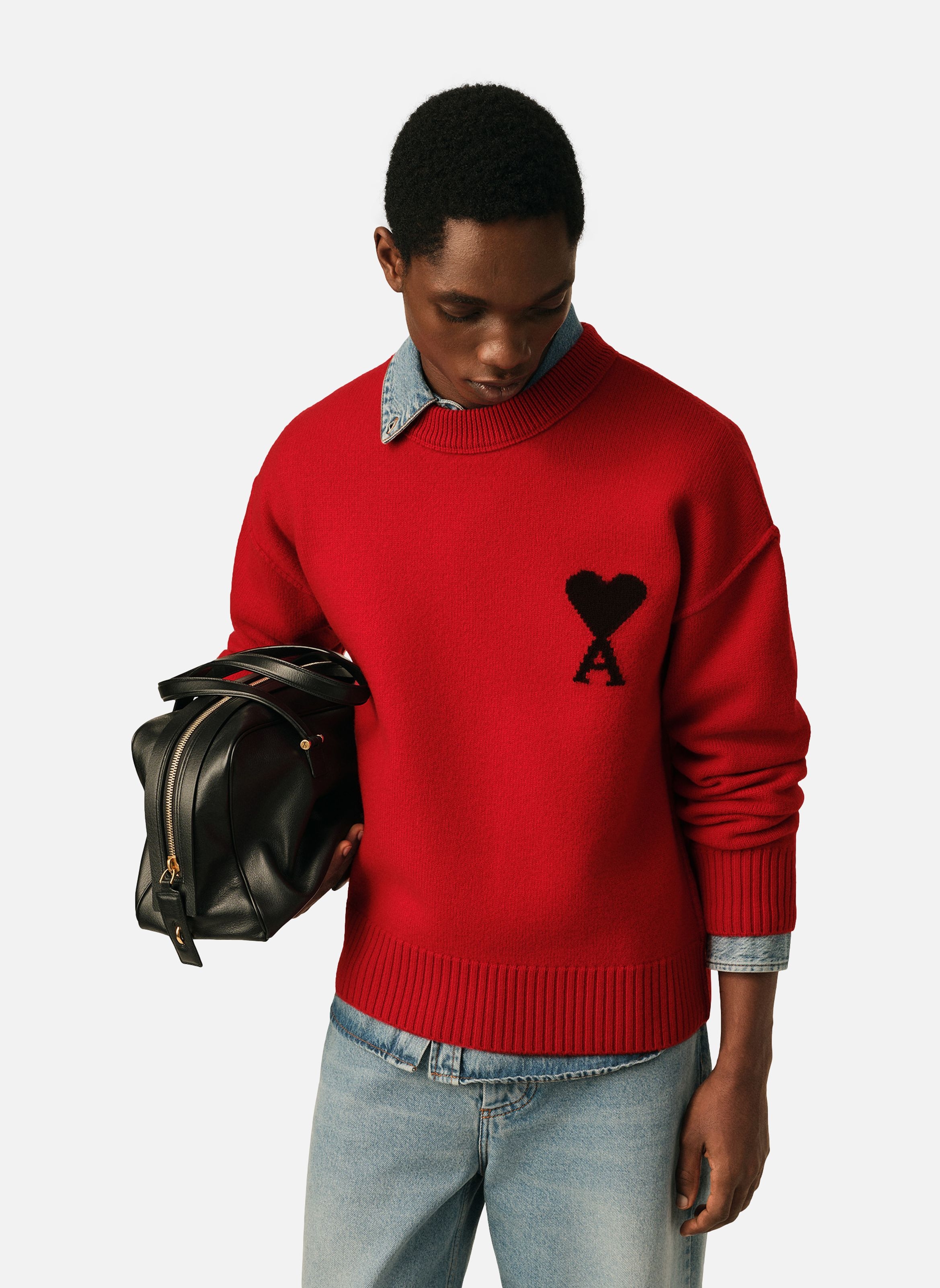 Pull col rond ami de coeur en laine unisexe AMI PARIS Rouge