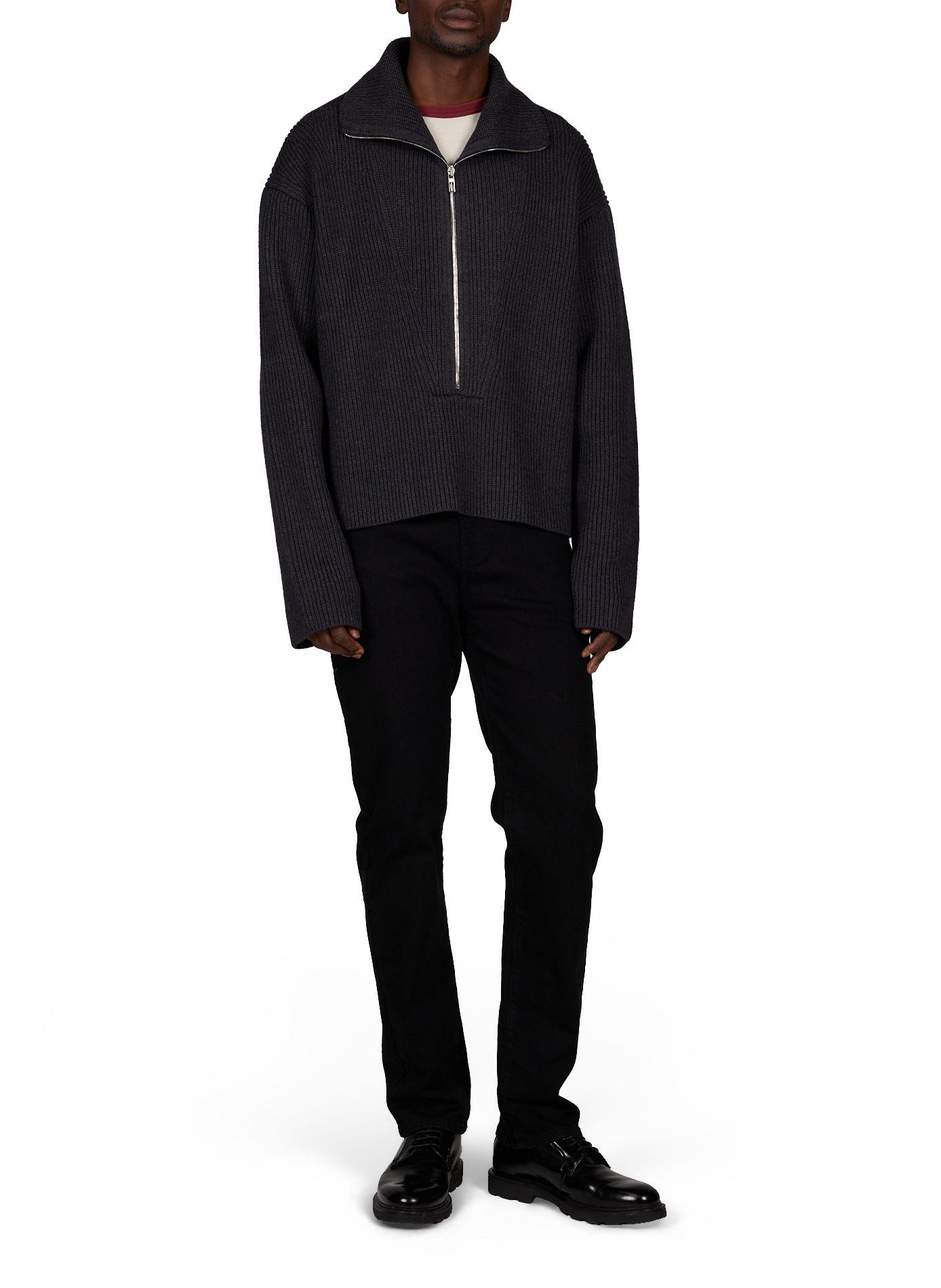 Merino wool ribbed knit trucker collar sweater LOUIS GABRIEL NOUCHI Black