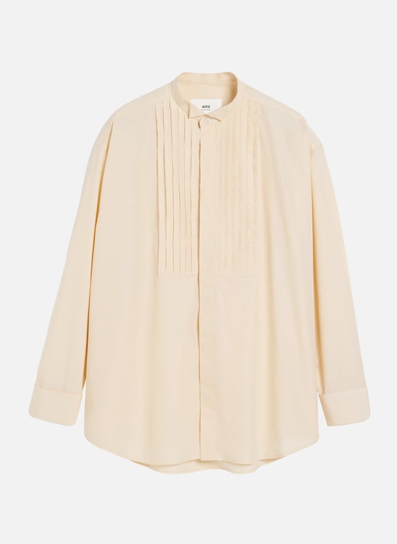 Chemise oversize a plastron plissé et col cassé unisexe Blanc by AMI PARIS AMI PARIS Chemise oversize a plastron plissé et col cassé unisexe Blanc