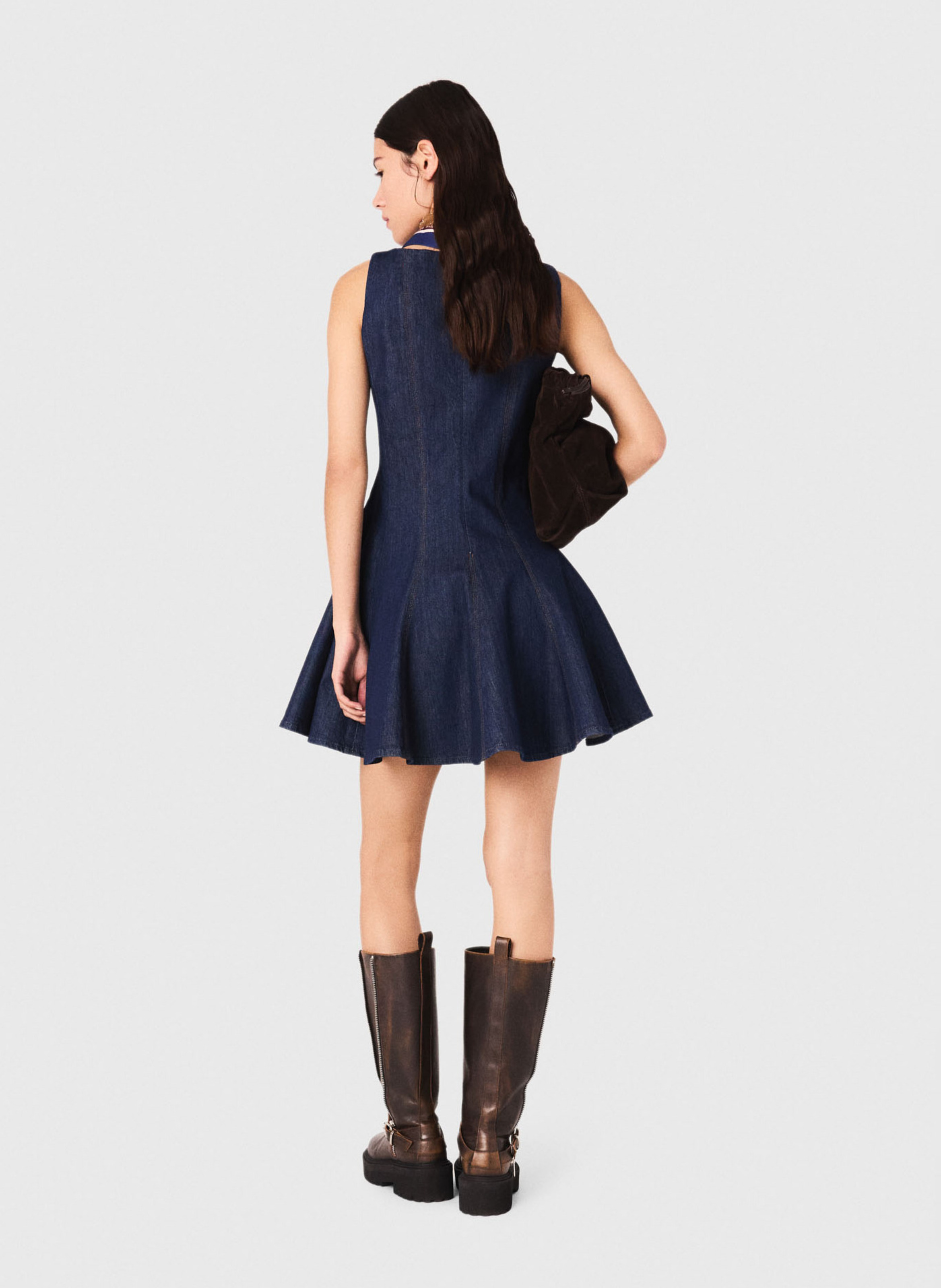 Robe courte col bateau en denim de coton MAJE Bleu