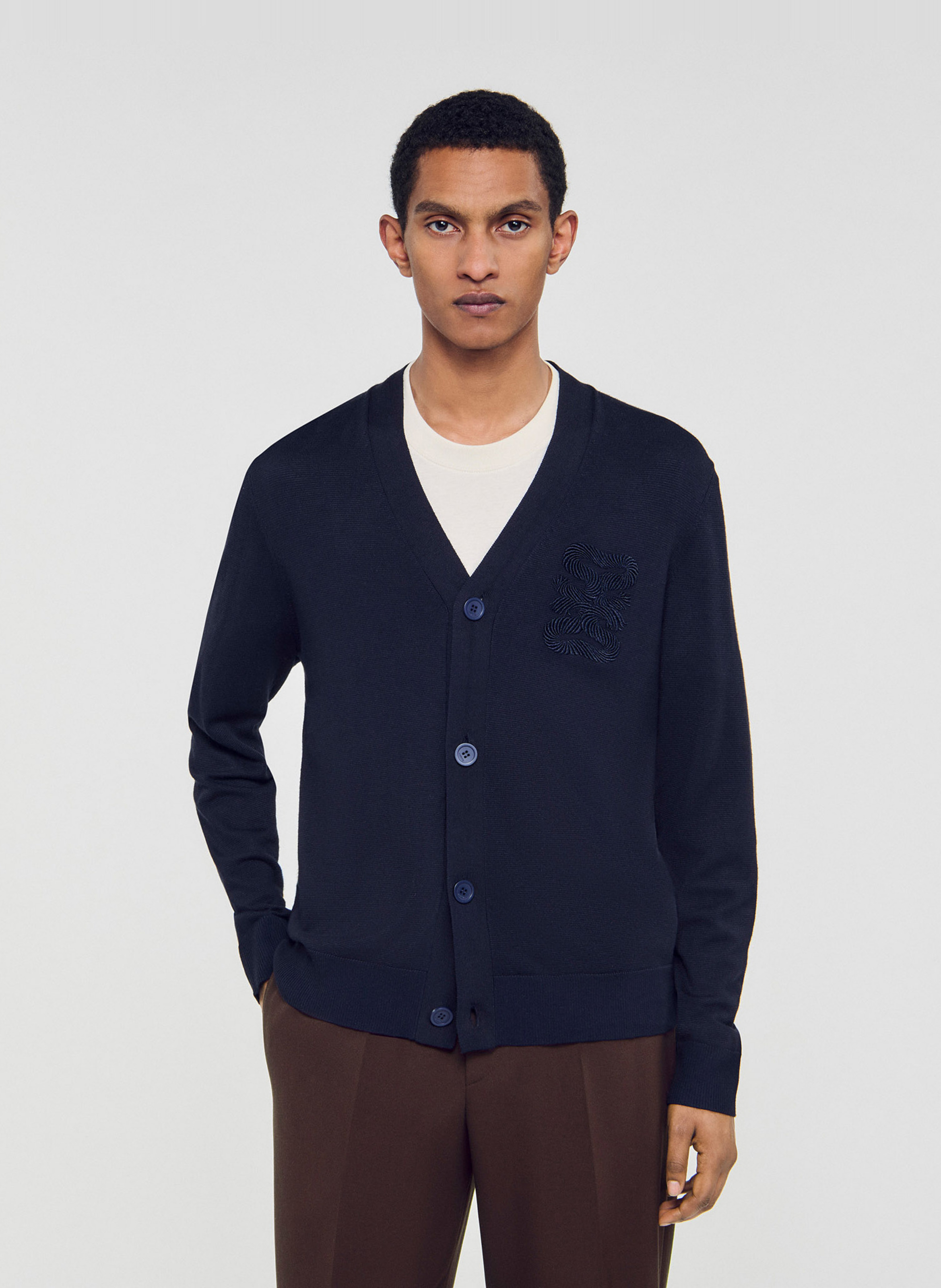Cardigan col v boutonné uni SANDRO Bleu