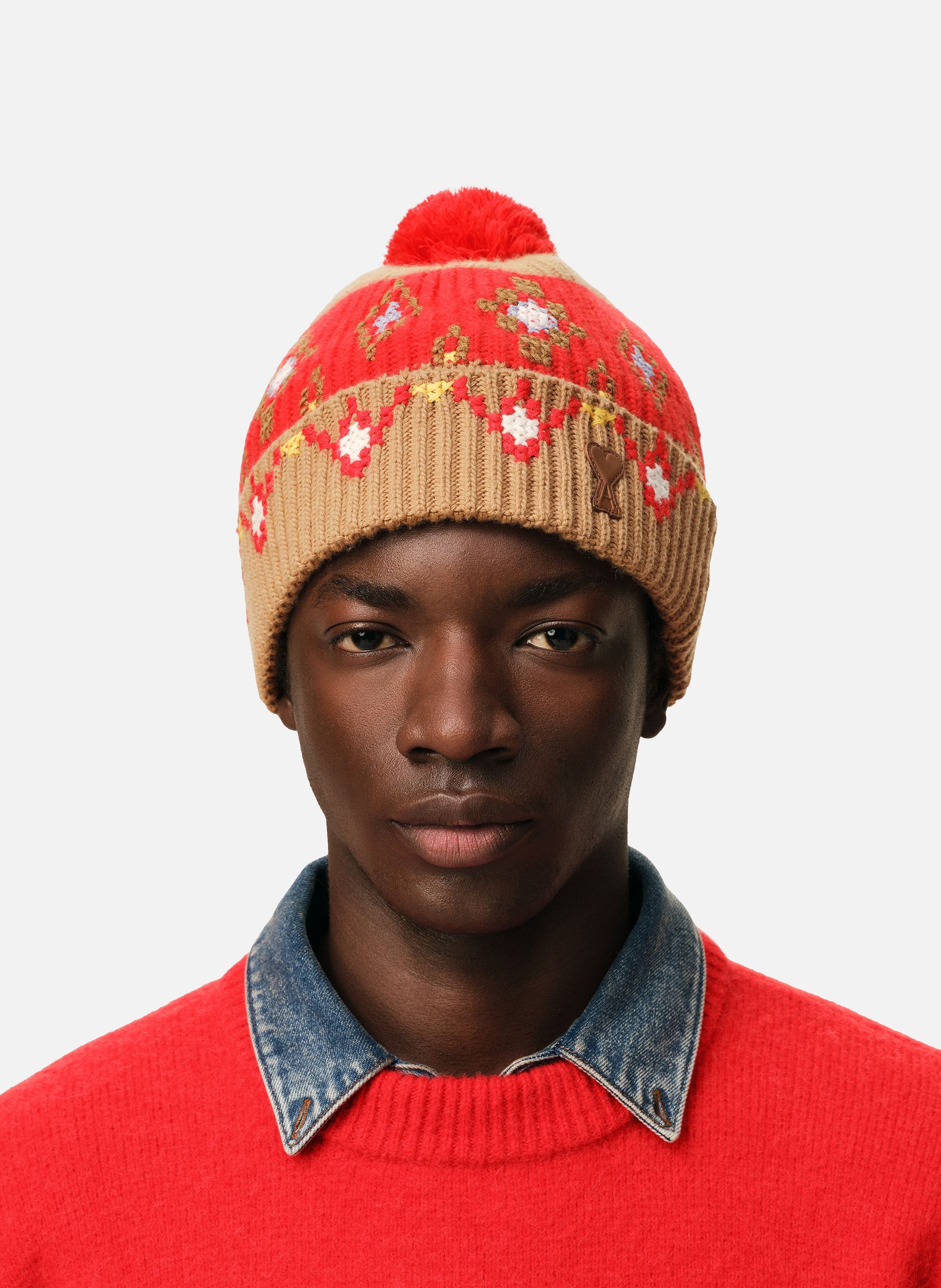 Bonnet point de croix en laine unisexe AMI PARIS Marron