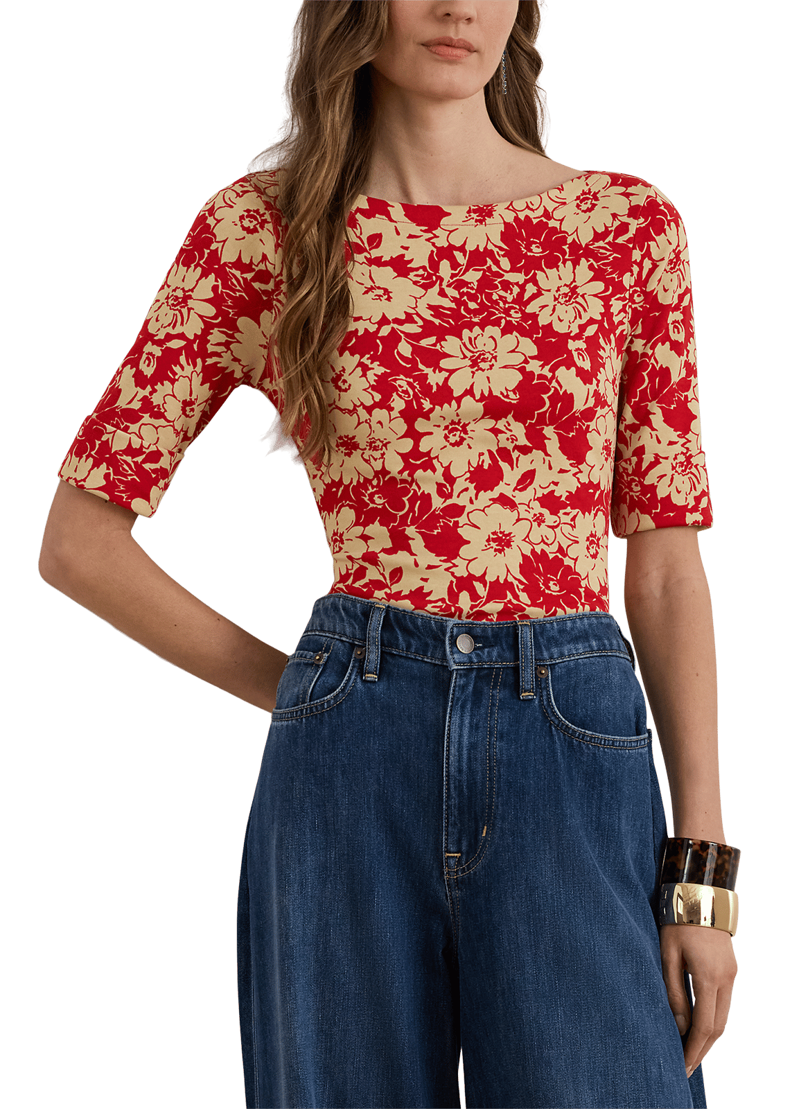 Top imprimé slim en coton mélangé LAUREN Rouge