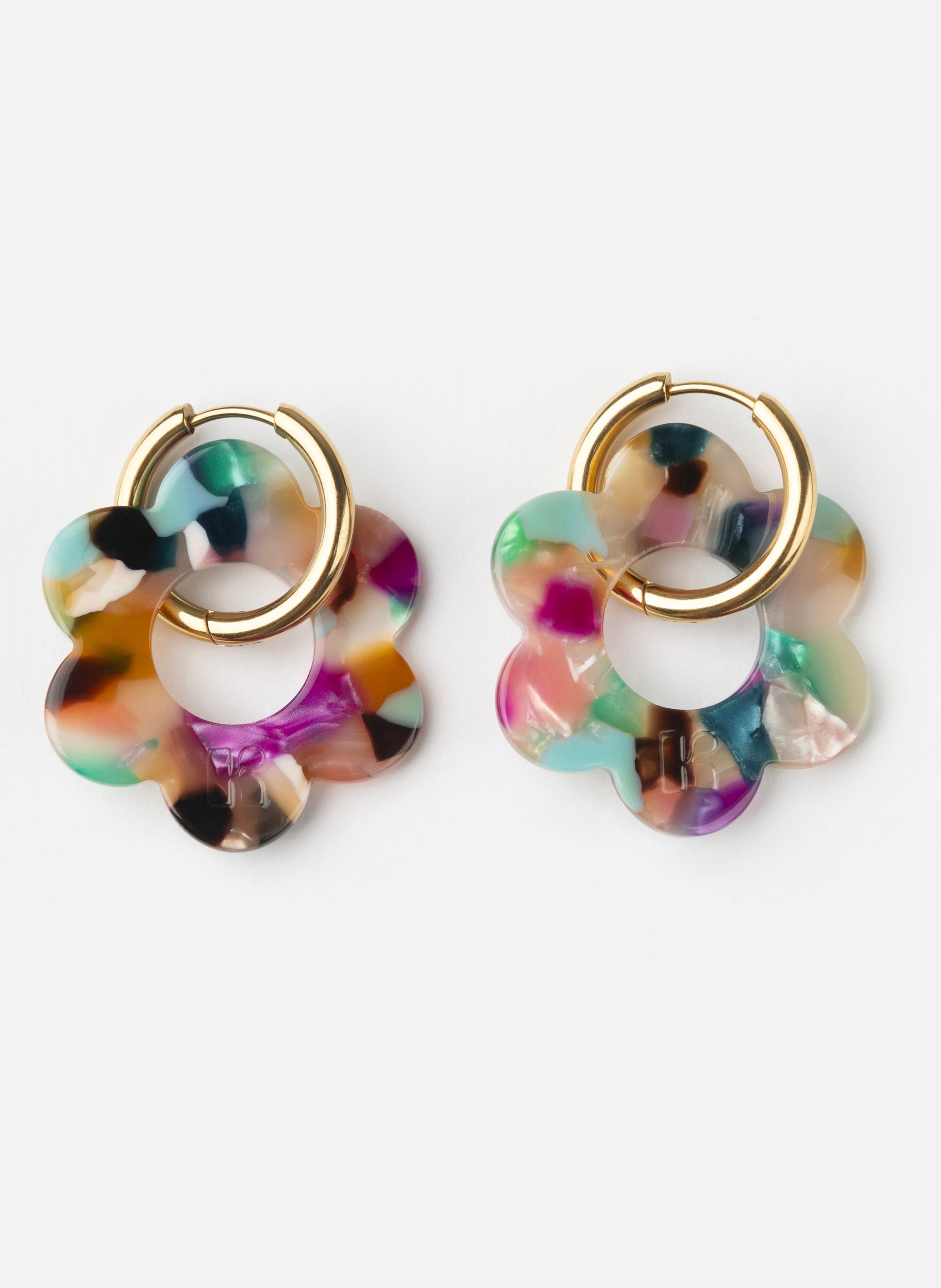 Boucles d'oreilles Maxi Fleurette avec anneaux en acier inoxydable doré KURAGE GINZA Multicolore
