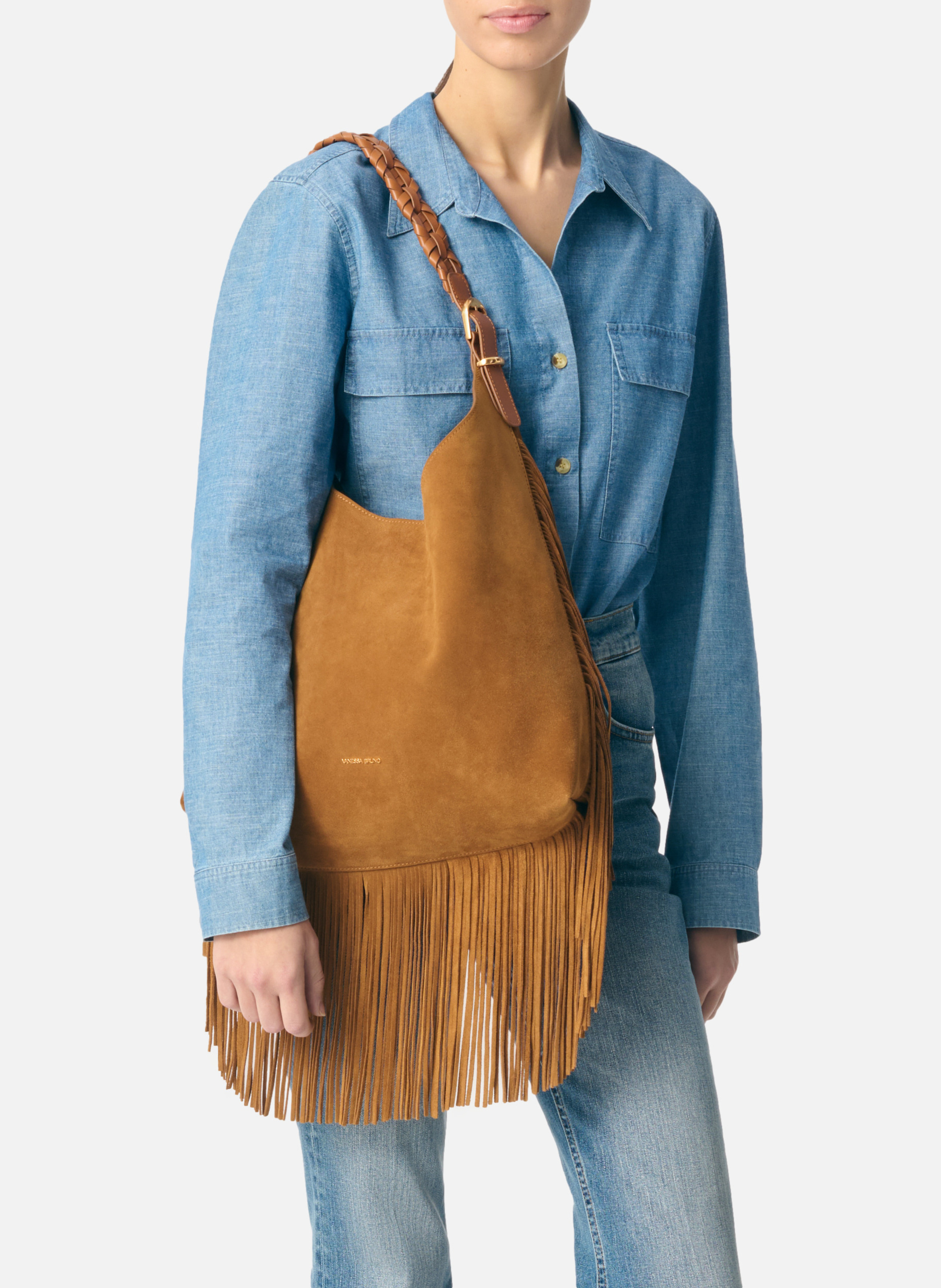 Grand sac hobo jess en cuir velours VANESSA BRUNO Marron