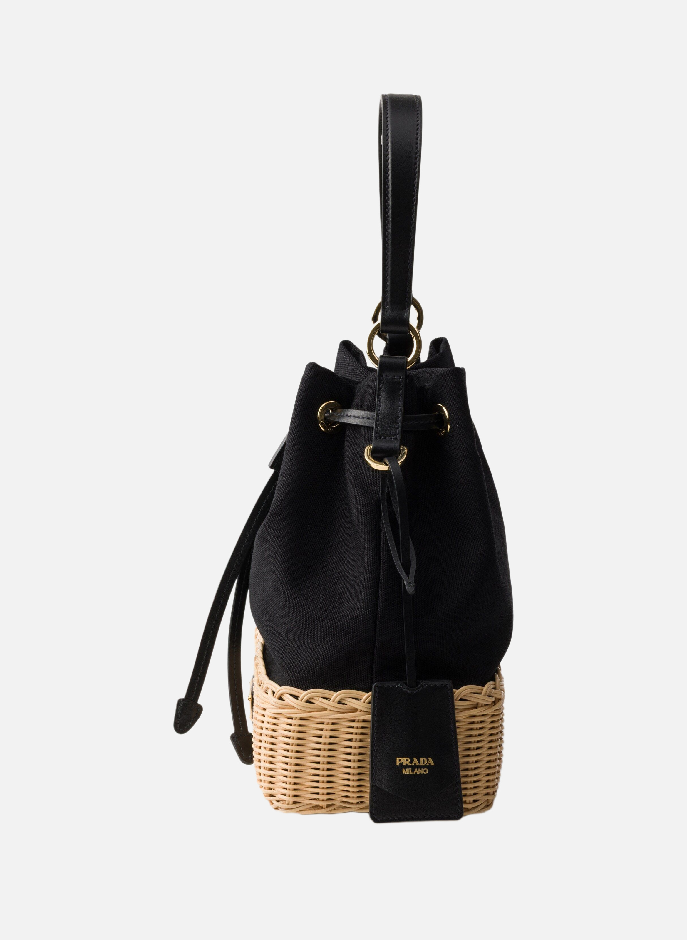 Sac seau en toile et osier PRADA Beige