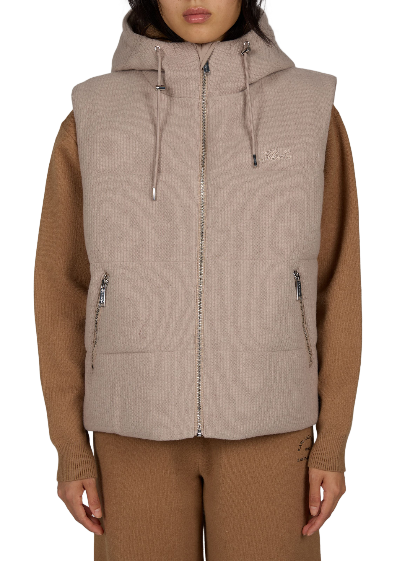 Quilted Sleeveless Hooded Puffer Vest KARL LAGERFELD Beige