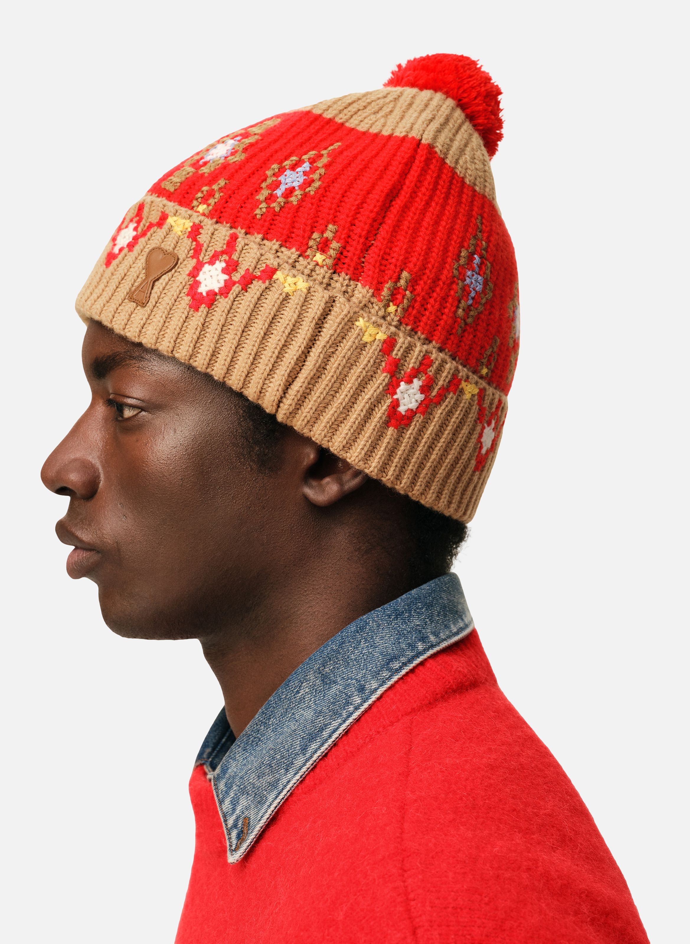 Bonnet point de croix en laine unisexe AMI PARIS Marron