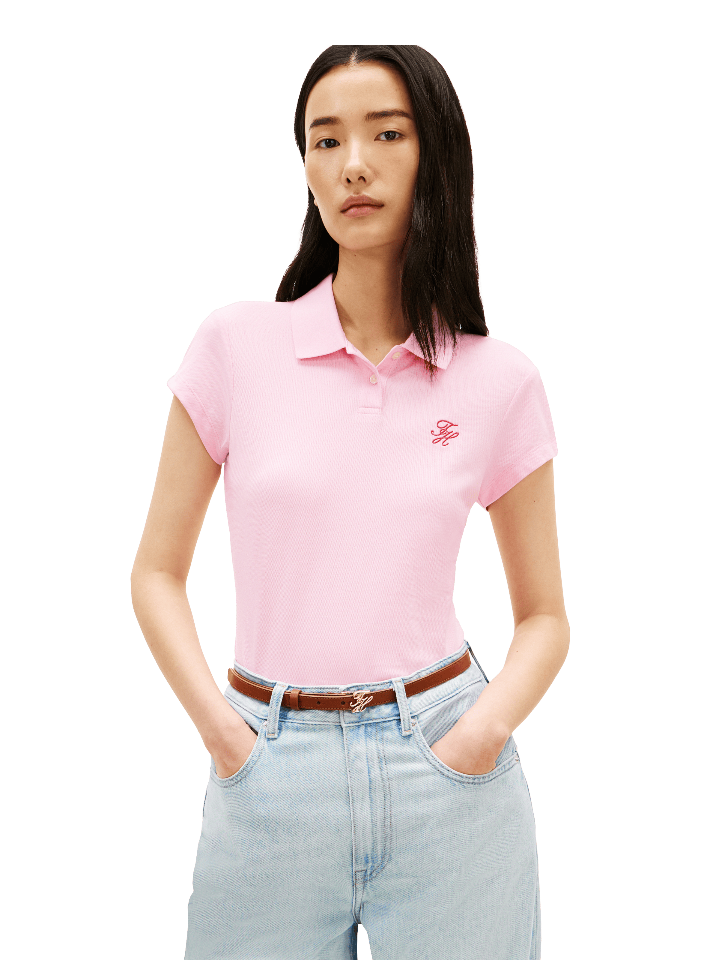 Polo slim brodé en coton mélangé TOMMY HILFIGER Rose