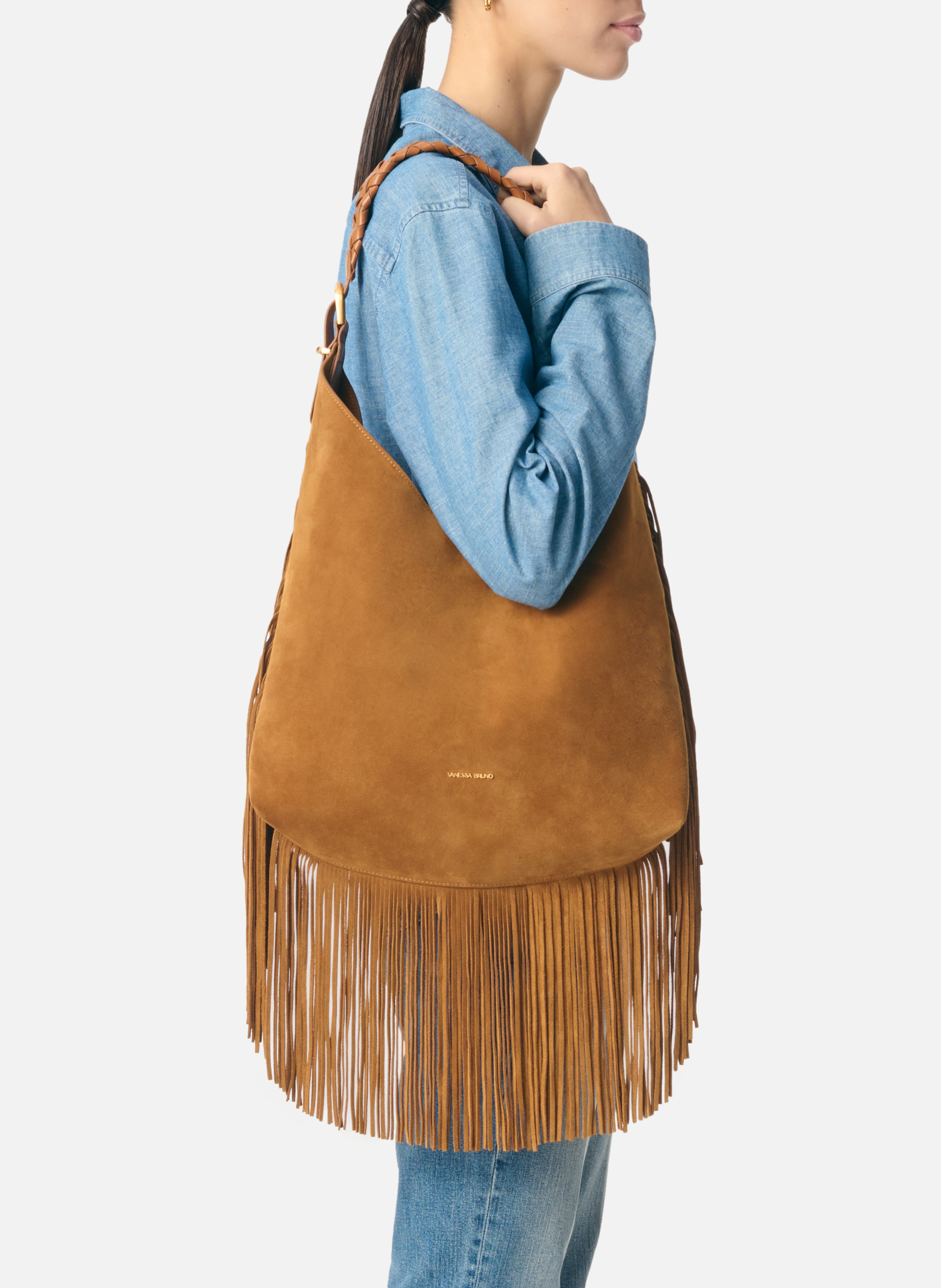 Grand sac hobo jess en cuir velours VANESSA BRUNO Marron