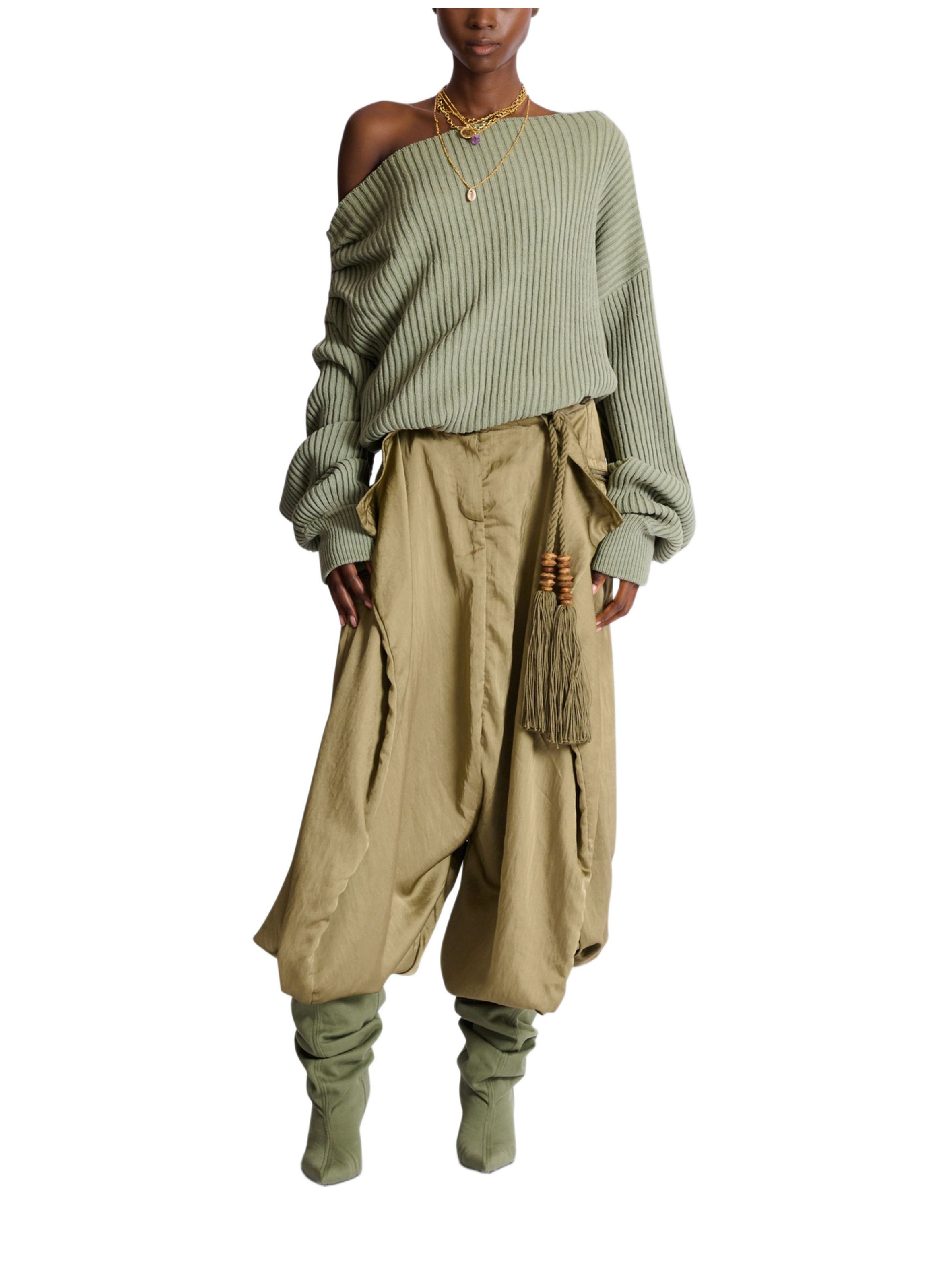 Pull drapé asymétrique en maille de soie côtelée BALMAIN Vert