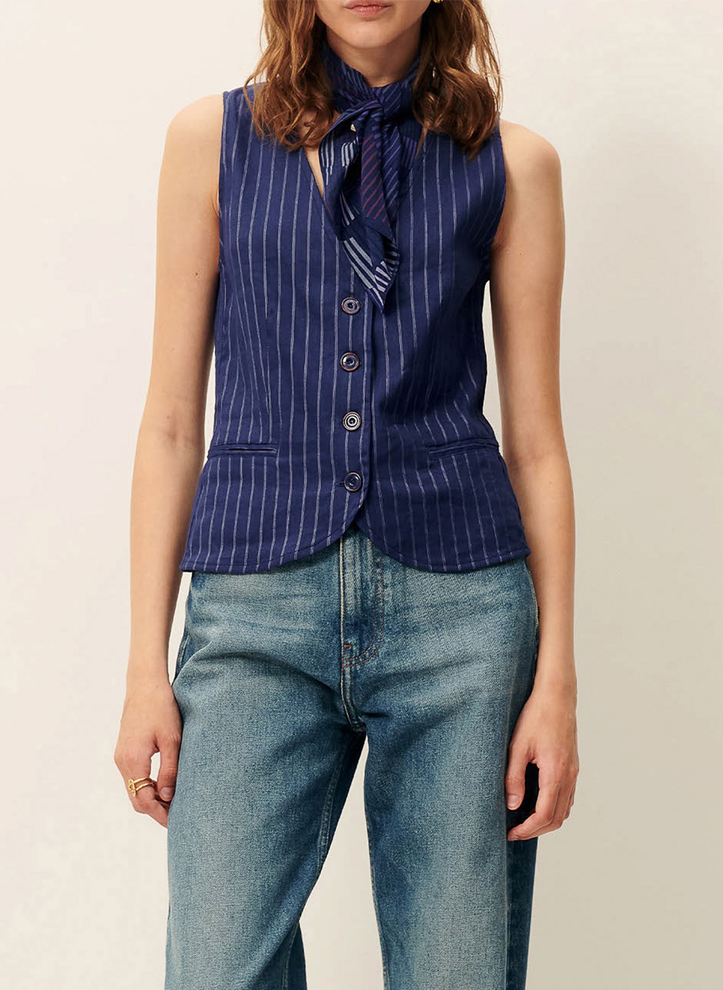 Top col v en lin mélangé fernando SESSUN Bleu