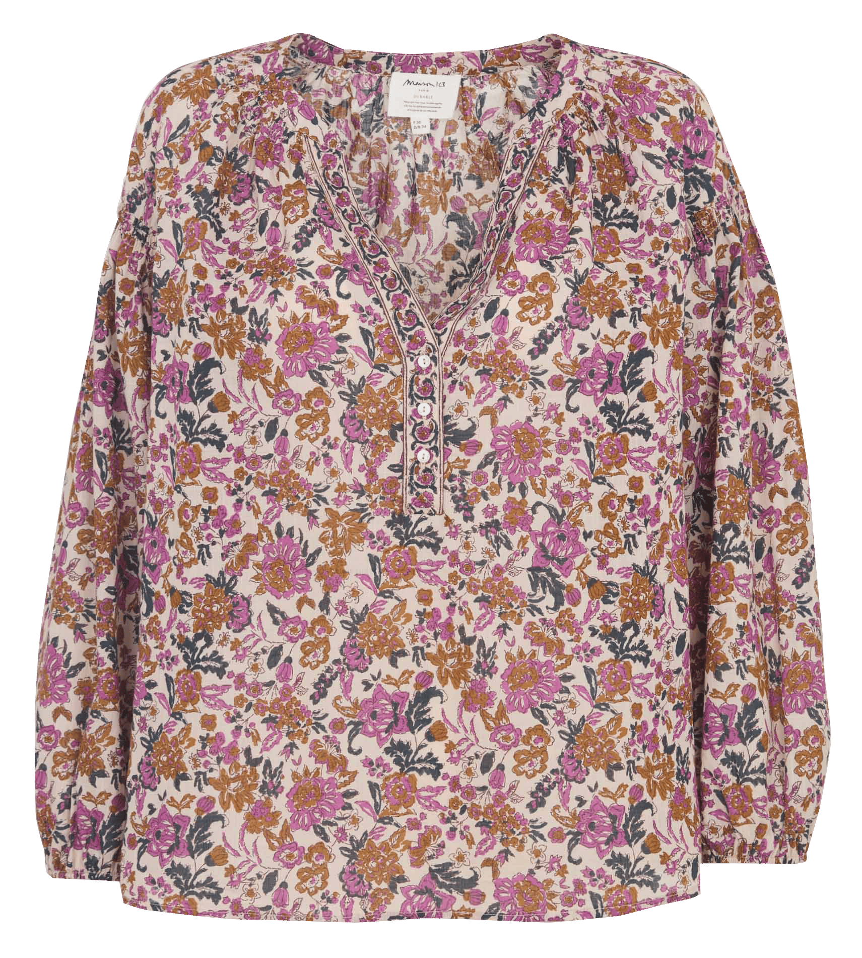 Top droit col tunisien en coton prune Beige