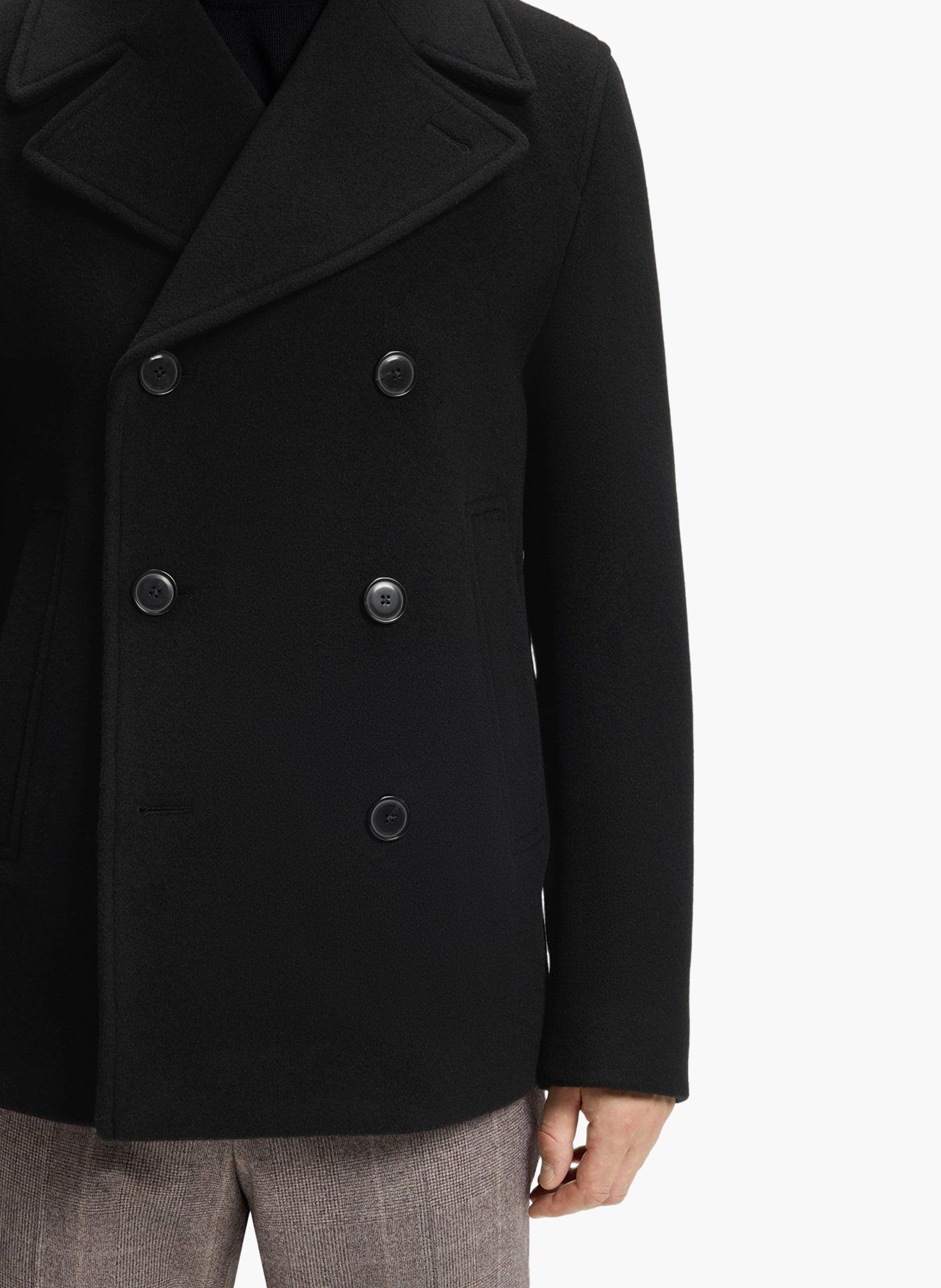 Manteau droit croisé en laine mélangée BOSS Noir