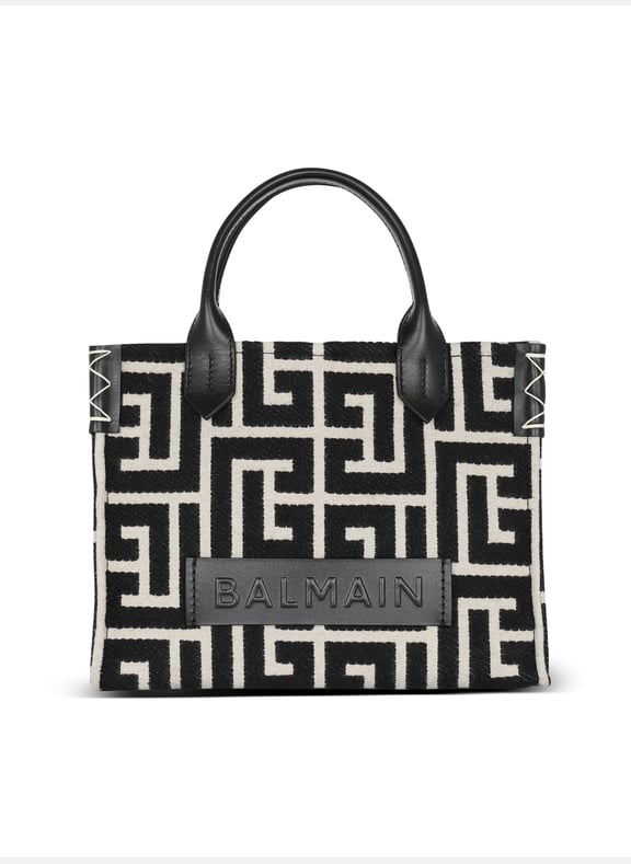 Sac cabas b-army en jacquard monogramme et cuir Noir by BALMAIN BALMAIN Sac cabas b-army en jacquard monogramme et cuir Noir