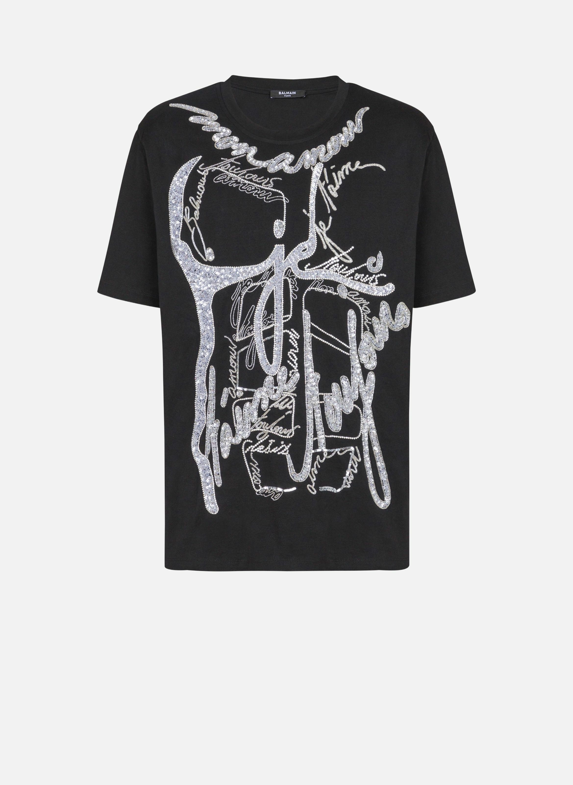 T-shirt brodé corps et « lettre d'amour » BALMAIN Noir