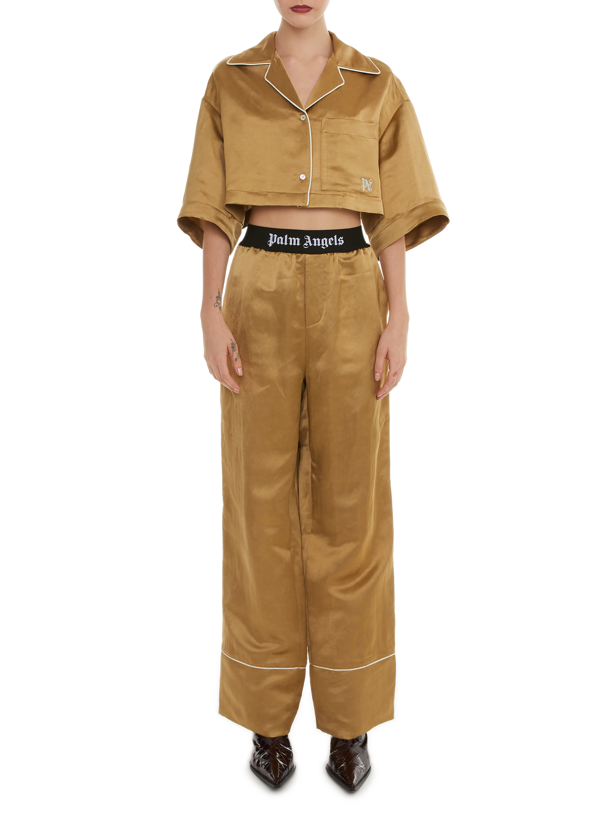 Chemise courte satinée PALM ANGELS Beige