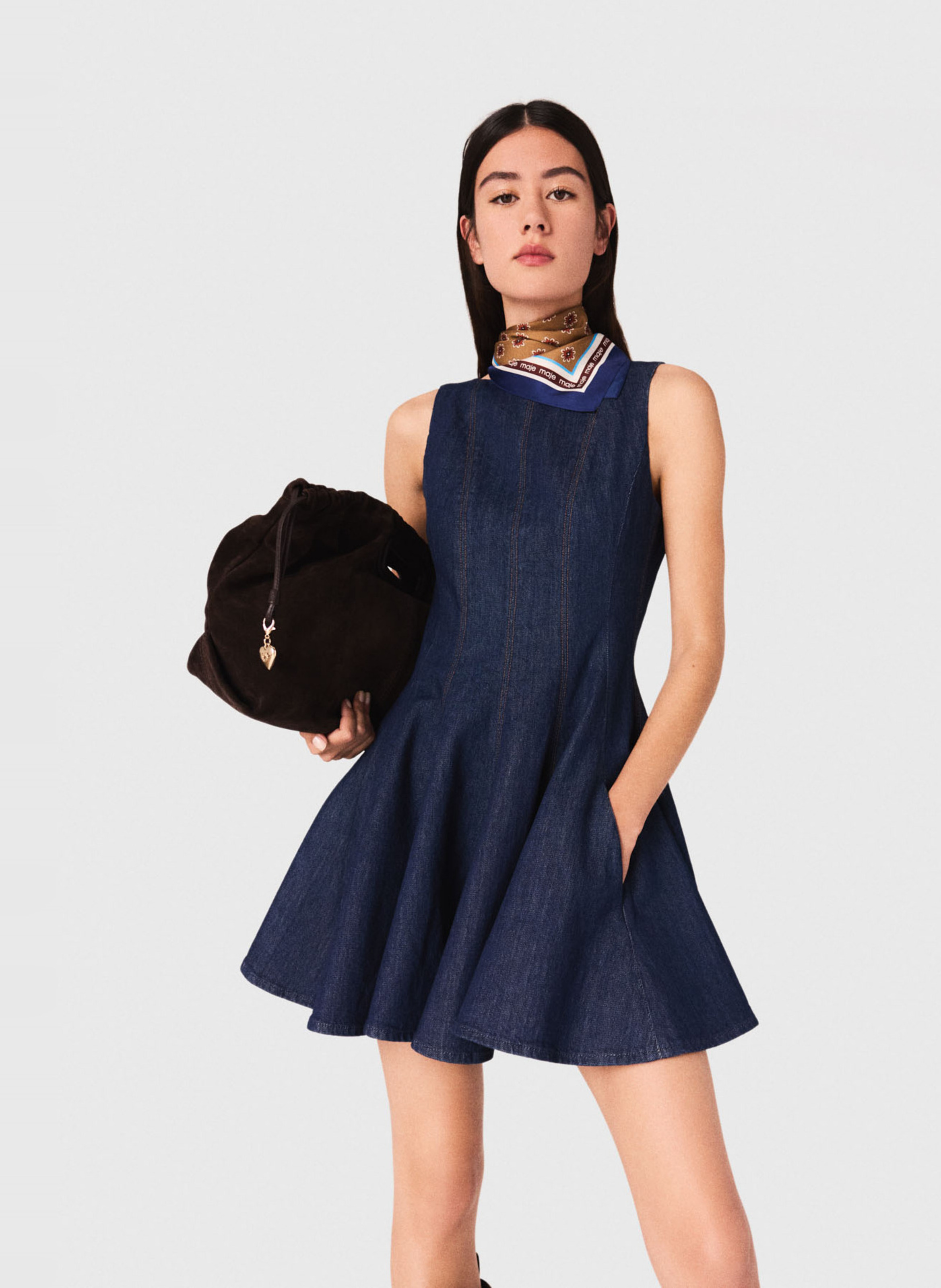 Robe courte col bateau en denim de coton MAJE Bleu