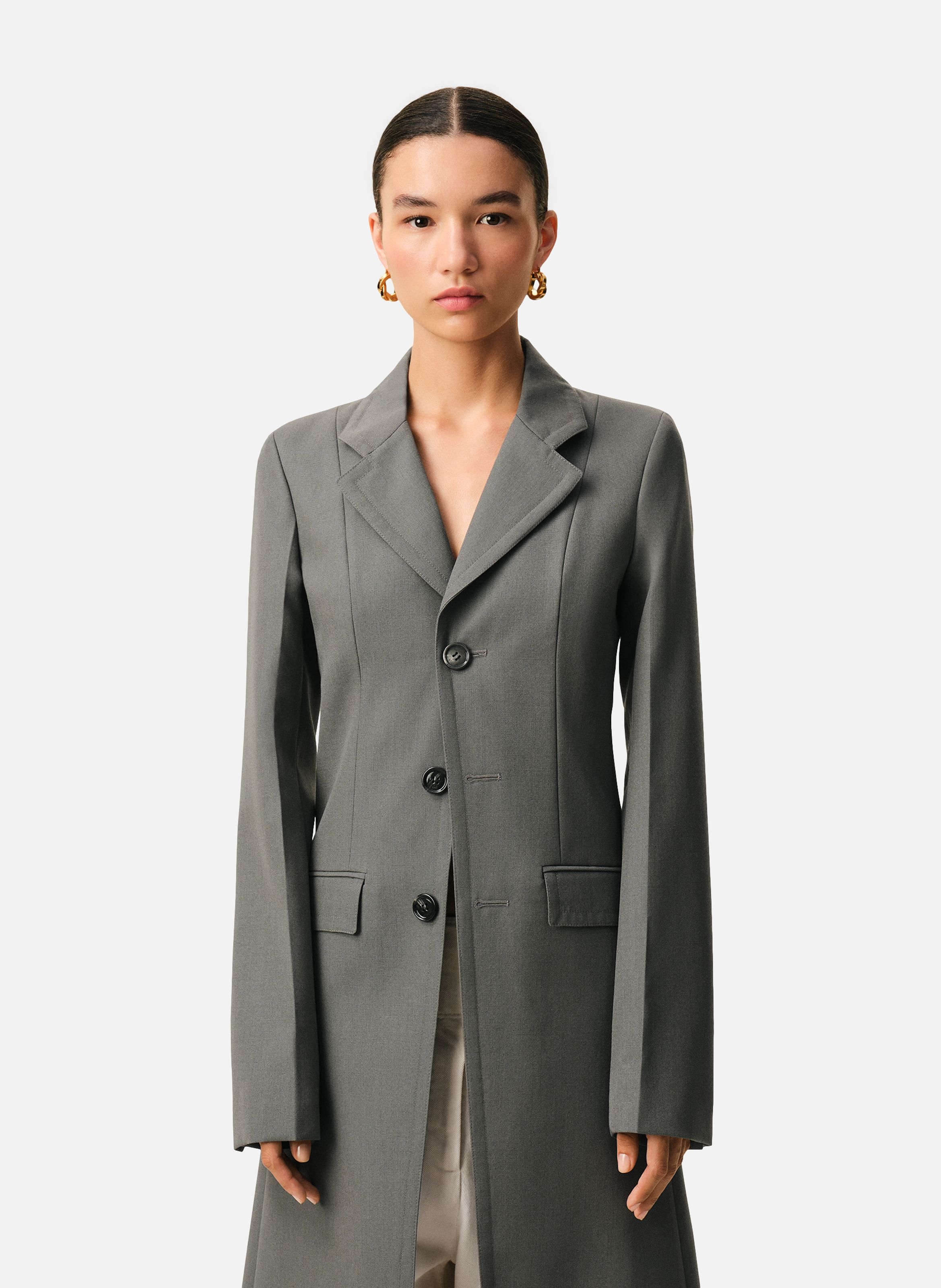 Manteau ajusté simple boutonnage en laine vierge AMI PARIS Gris