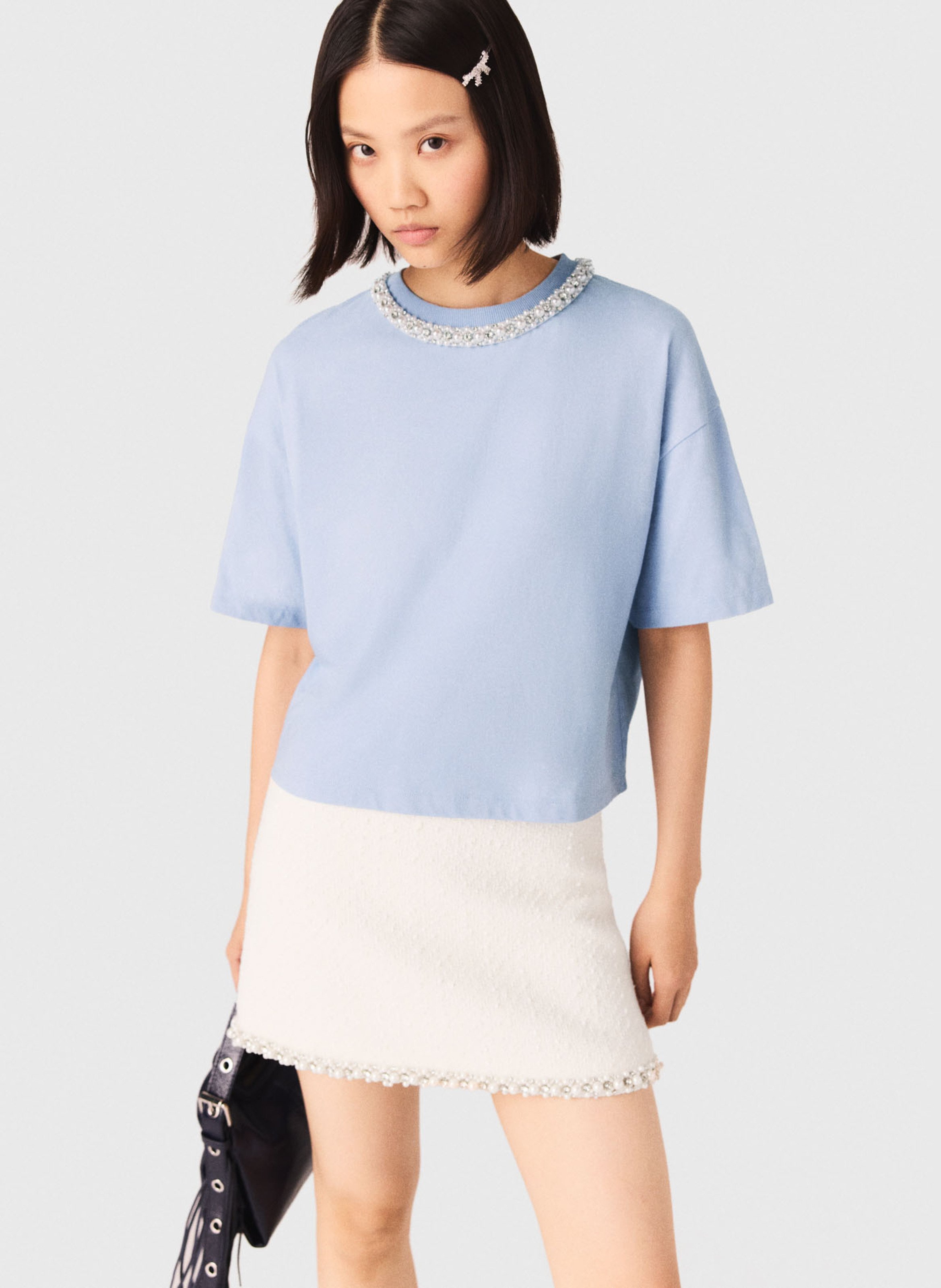 Tee-shirt boxy court à col bijou MAJE Bleu