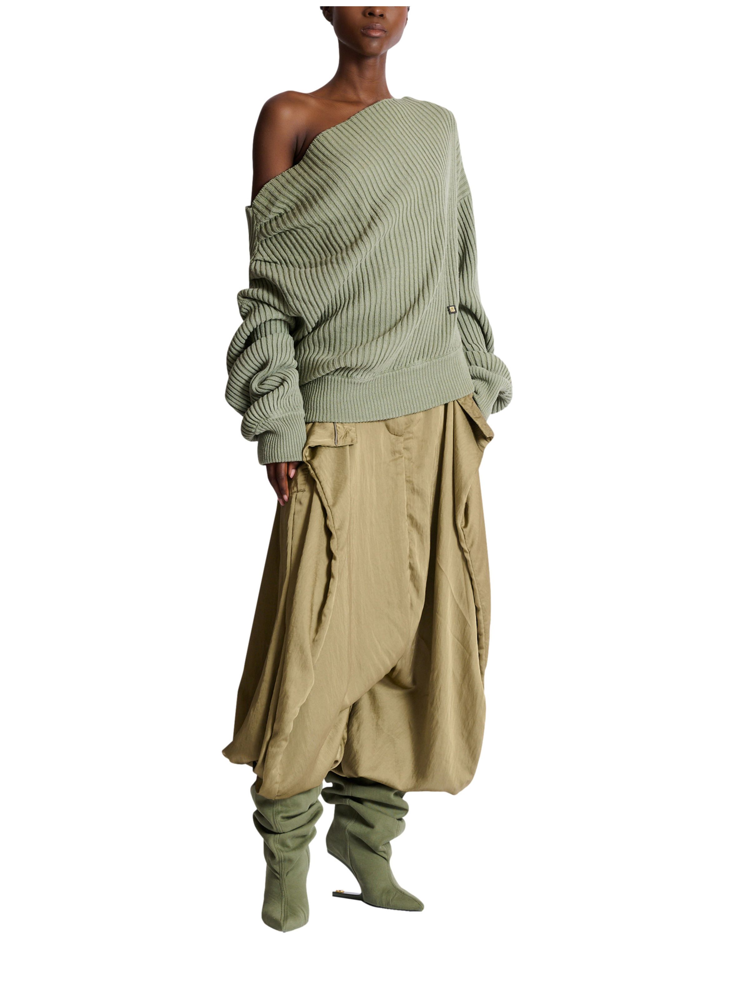 Pull drapé asymétrique en maille de soie côtelée BALMAIN Vert