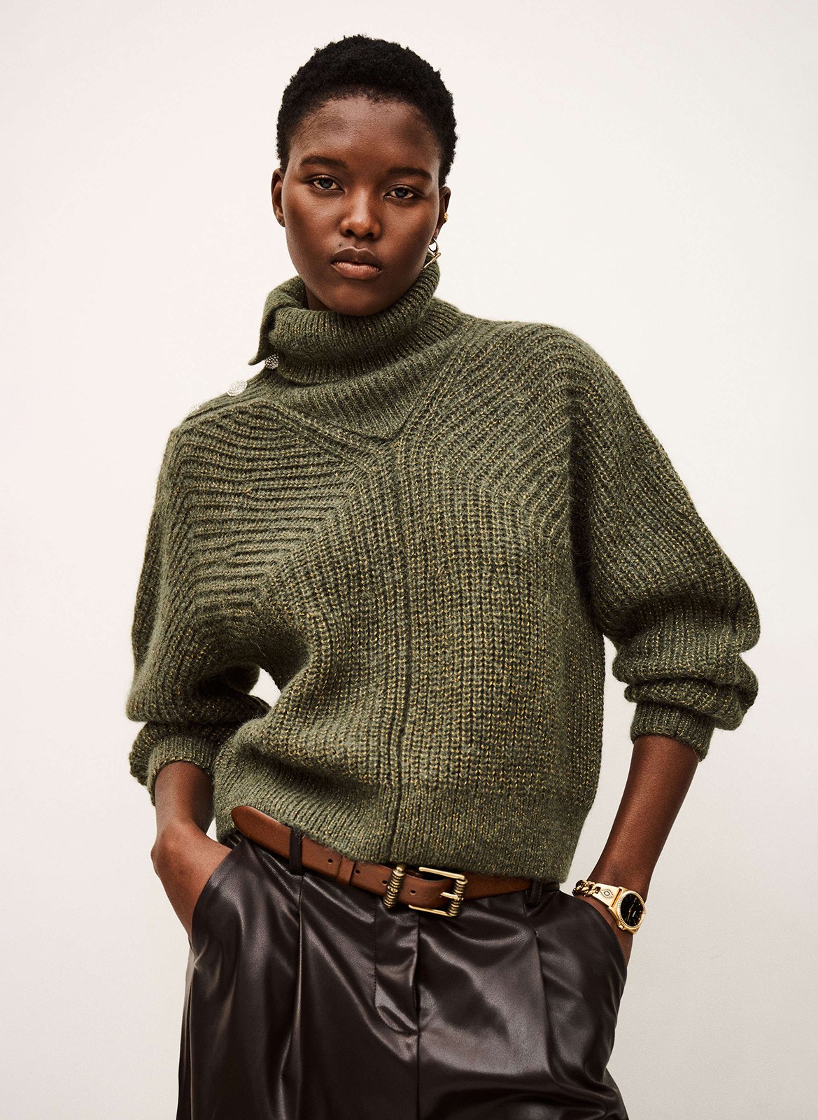 Pull col roulé en laine mélangée roumane  Kaki