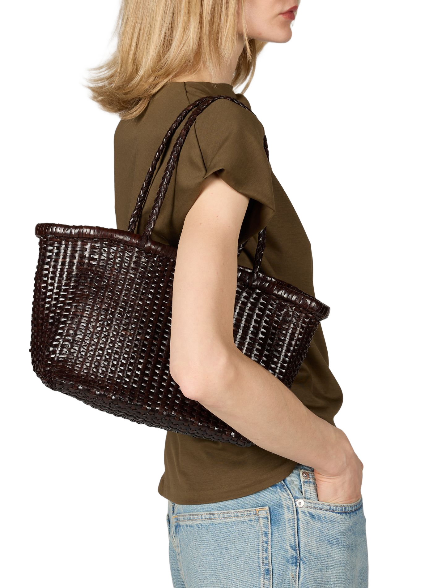 B Weave Small woven leather basket bag DRAGON DIFFUSION Brown