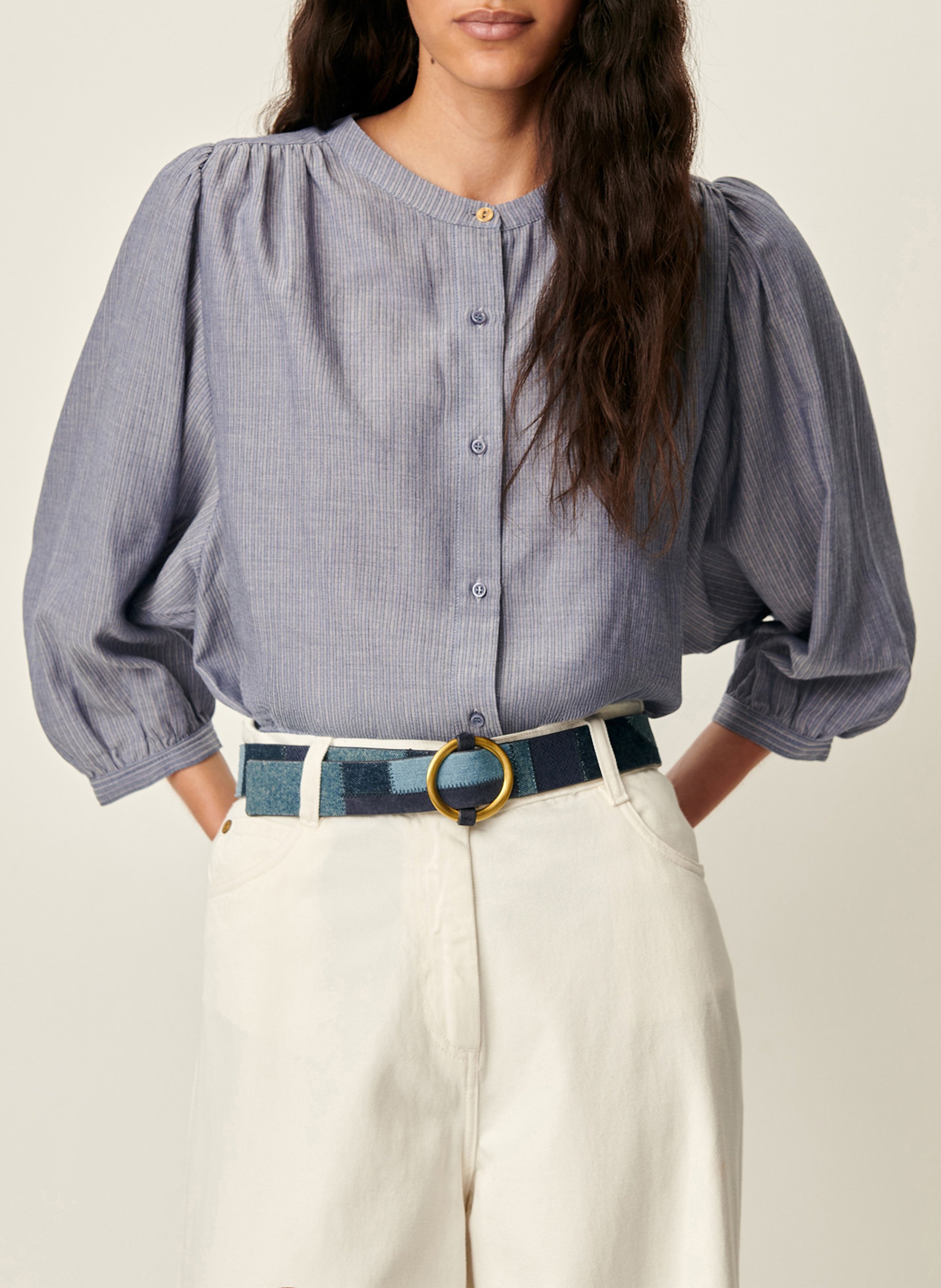 Chemise ample col mao en coton bio a view SESSUN Bleu