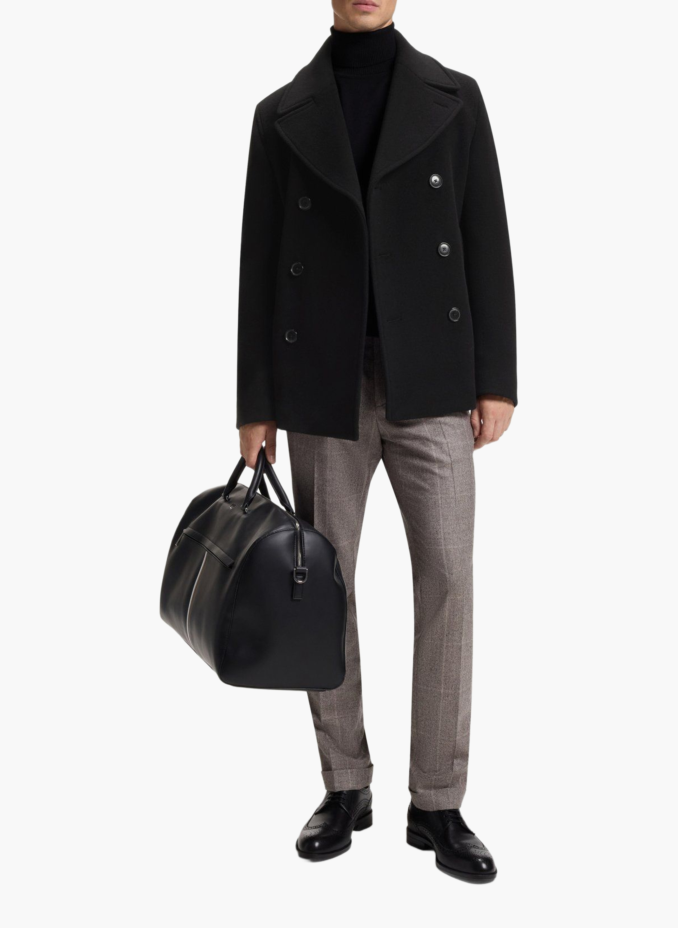 Manteau droit croisé en laine mélangée BOSS Noir