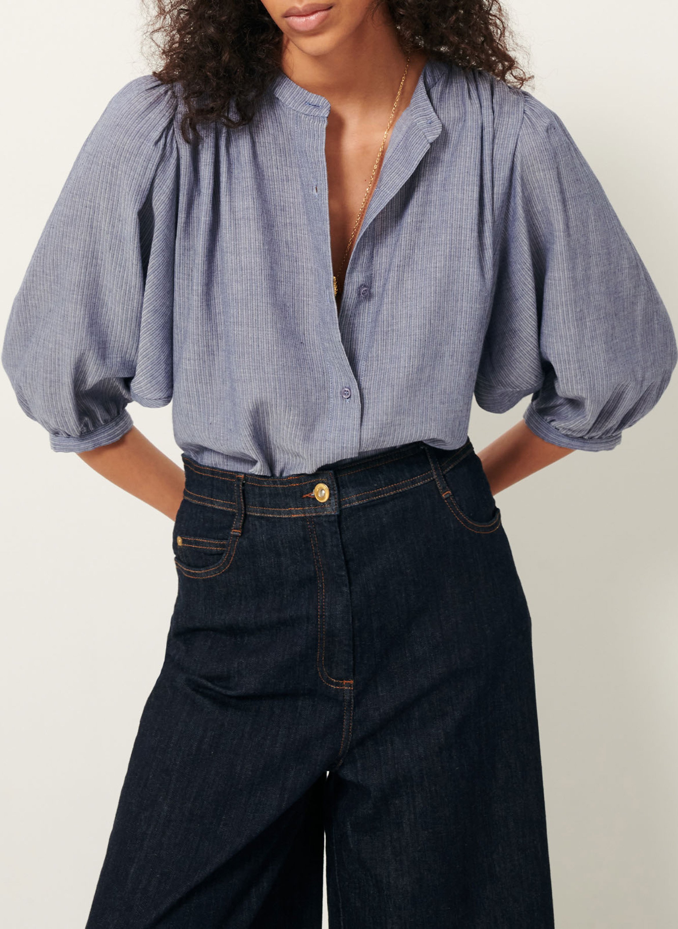 Chemise ample col mao en coton bio a view SESSUN Bleu